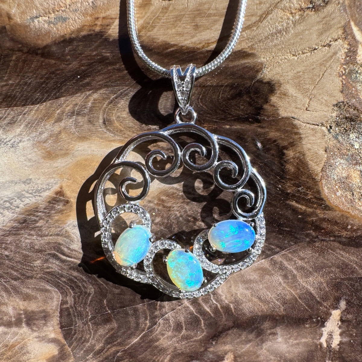 1.8ct Lightning Ridge Crystal Opal & Cubic Zirconia Trio Pendant Necklace ~ 'Granite Belt Trio' | 925 Sterling Silver | Solid Australian Opal
