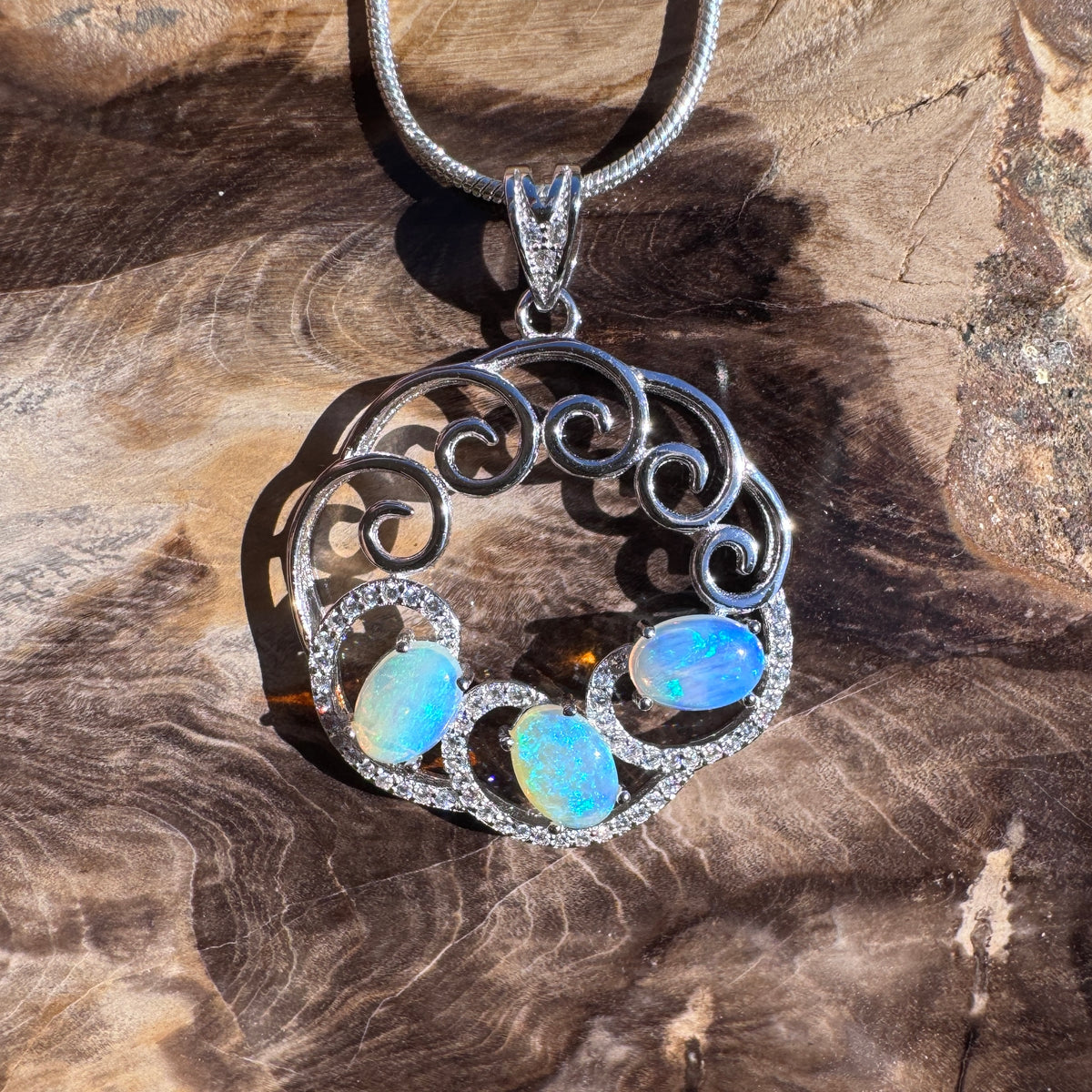 1.8ct Lightning Ridge Crystal Opal & Cubic Zirconia Trio Pendant Necklace ~ 'Granite Belt Trio' | 925 Sterling Silver | Solid Australian Opal