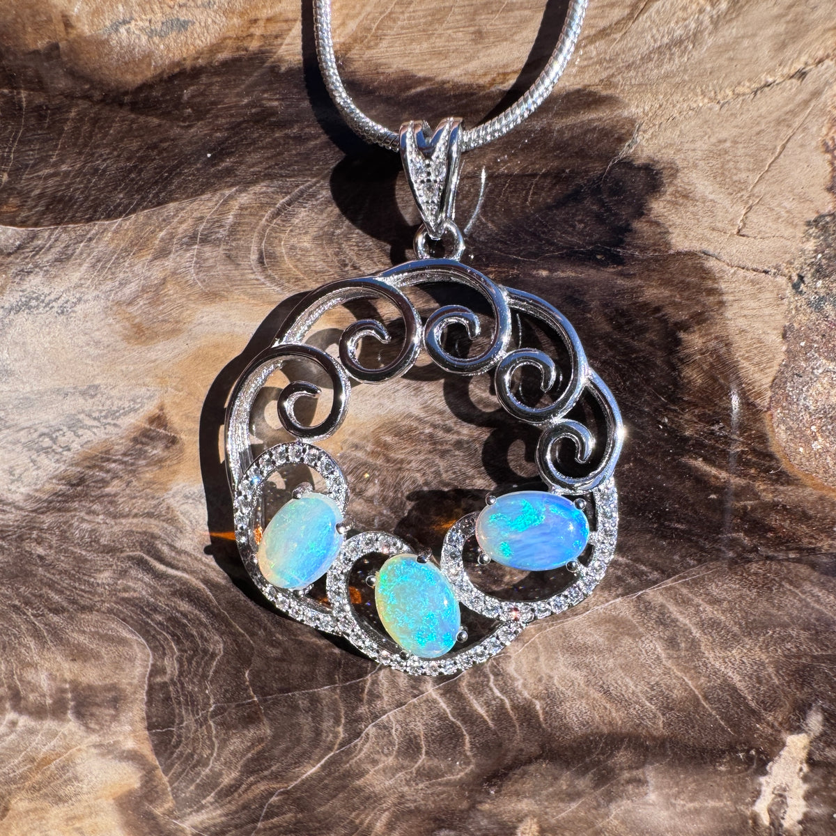 1.8ct Lightning Ridge Crystal Opal & Cubic Zirconia Trio Pendant Necklace ~ 'Granite Belt Trio' | 925 Sterling Silver | Solid Australian Opal