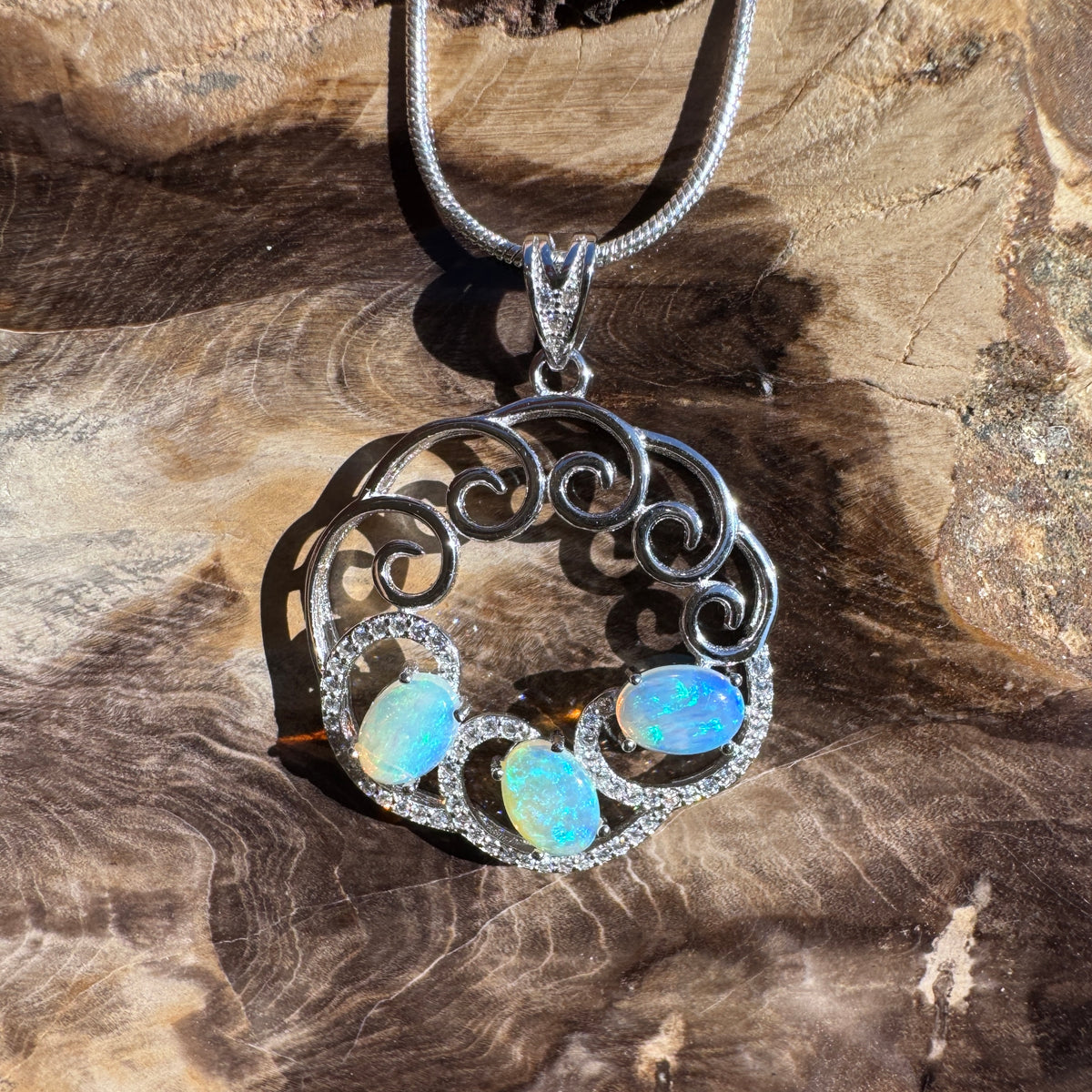 1.8ct Lightning Ridge Crystal Opal & Cubic Zirconia Trio Pendant Necklace ~ 'Granite Belt Trio' | 925 Sterling Silver | Solid Australian Opal