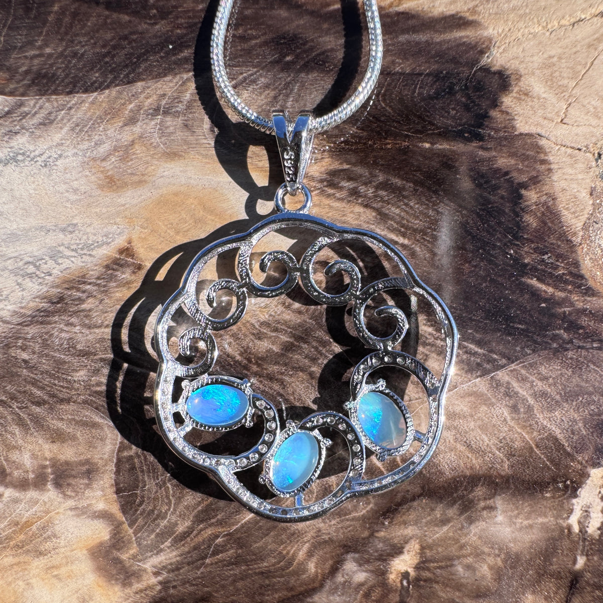 1.8ct Lightning Ridge Crystal Opal & Cubic Zirconia Trio Pendant Necklace ~ 'Granite Belt Trio' | 925 Sterling Silver | Solid Australian Opal