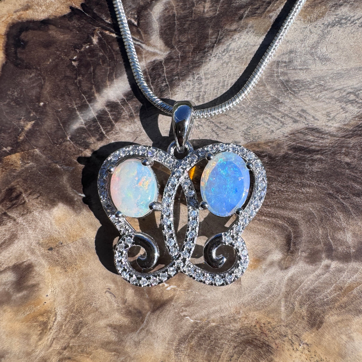 1.6ct Coober Pedy & Lightning Ridge Opal & Cubic Zirconia Butterfly Pendant Necklace ~ 'Mount Glorious Wings' | 925 Sterling Silver | Solid Australian Opal