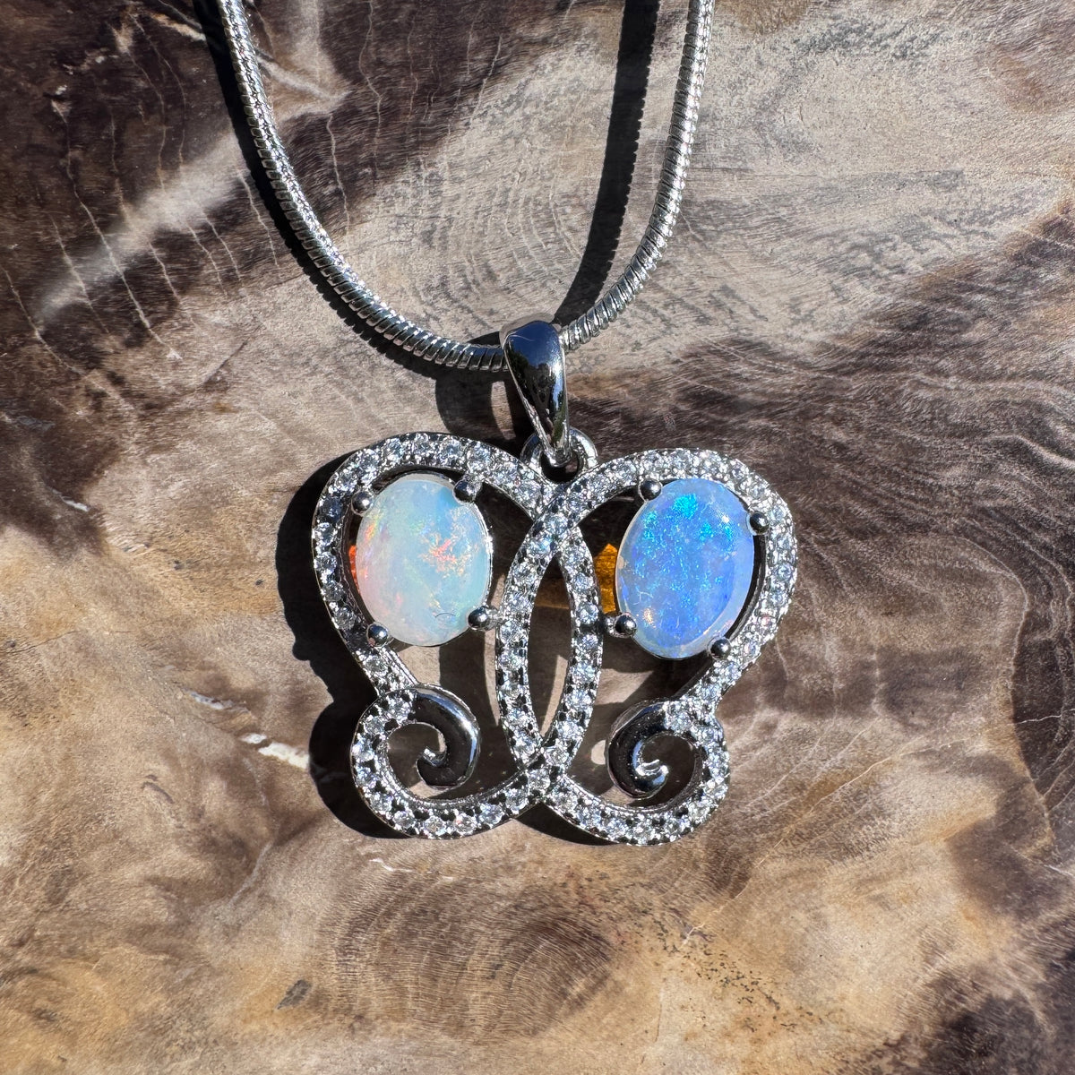 1.6ct Coober Pedy & Lightning Ridge Opal & Cubic Zirconia Butterfly Pendant Necklace ~ 'Mount Glorious Wings' | 925 Sterling Silver | Solid Australian Opal