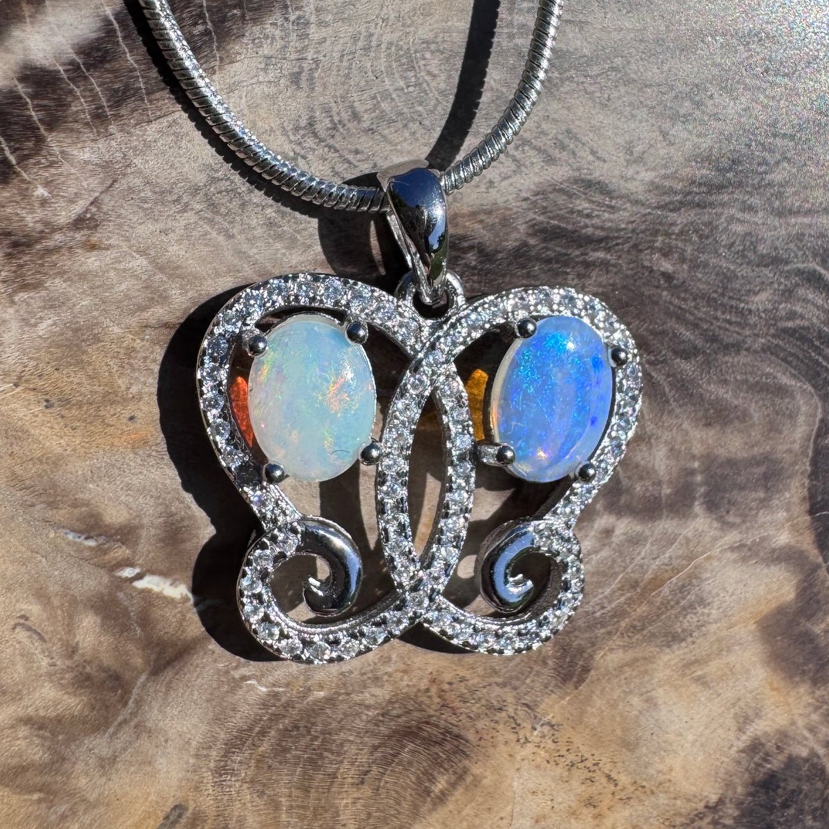 1.6ct Coober Pedy & Lightning Ridge Opal & Cubic Zirconia Butterfly Pendant Necklace ~ 'Mount Glorious Wings' | 925 Sterling Silver | Solid Australian Opal