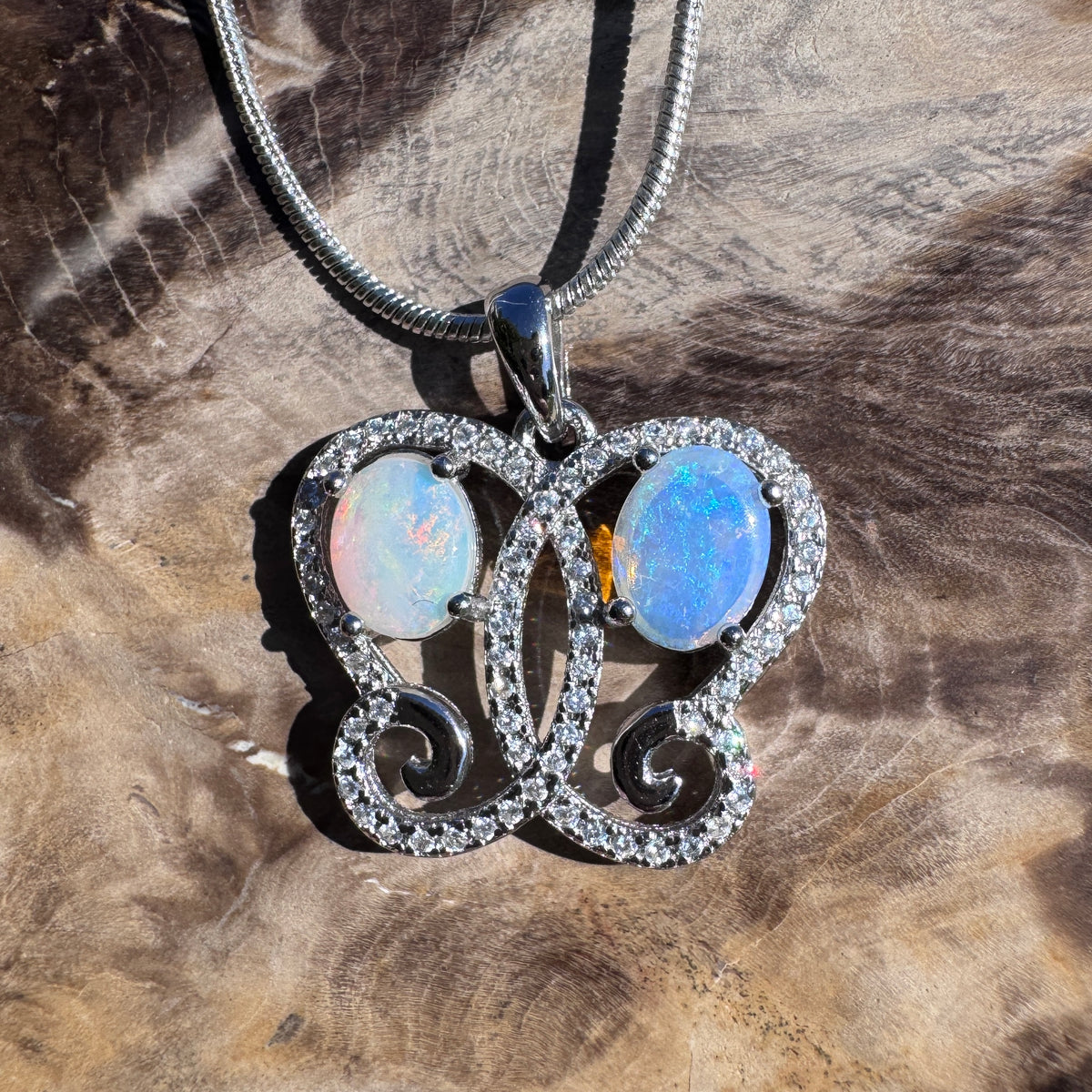 1.6ct Coober Pedy & Lightning Ridge Opal & Cubic Zirconia Butterfly Pendant Necklace ~ 'Mount Glorious Wings' | 925 Sterling Silver | Solid Australian Opal
