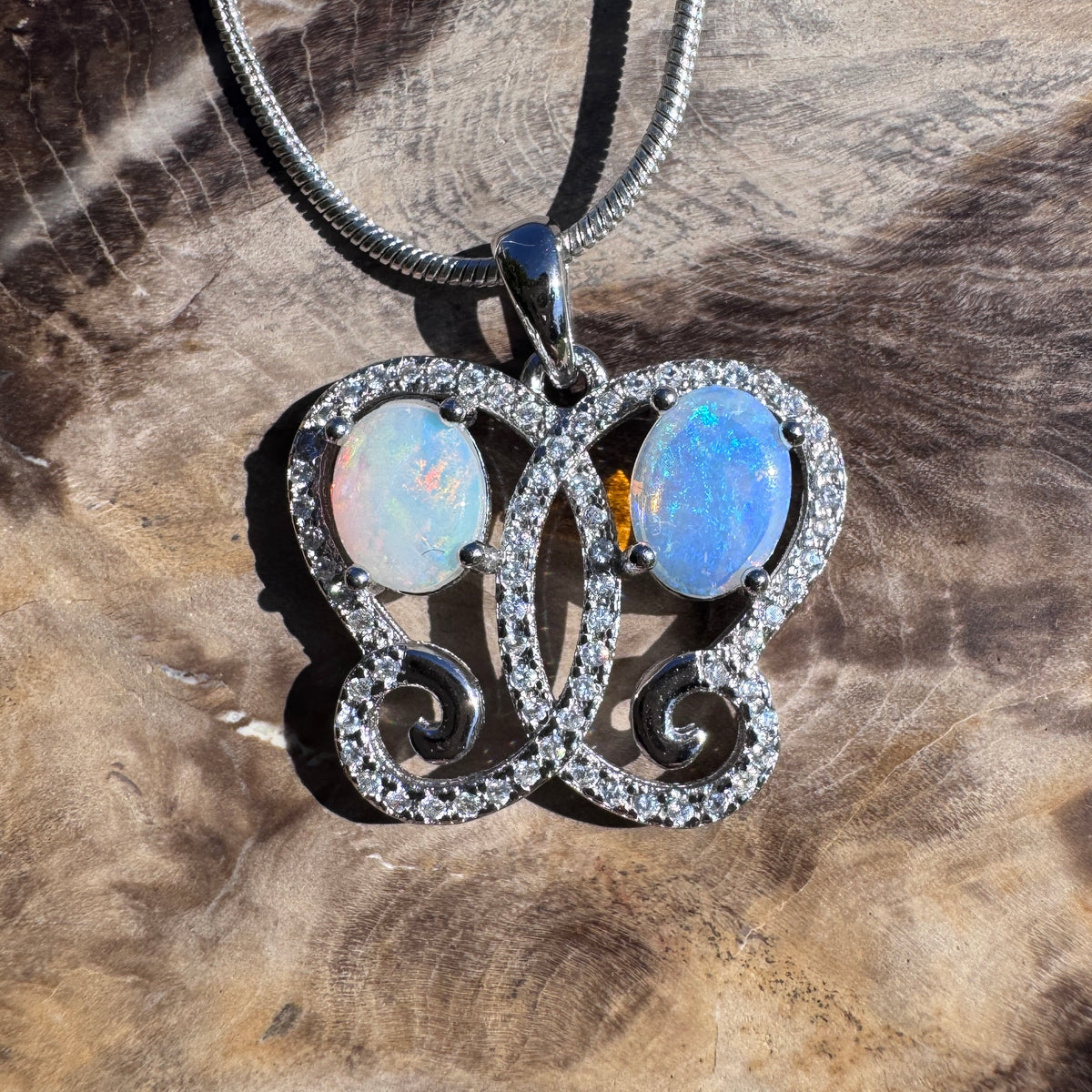 1.6ct Coober Pedy & Lightning Ridge Opal & Cubic Zirconia Butterfly Pendant Necklace ~ 'Mount Glorious Wings' | 925 Sterling Silver | Solid Australian Opal