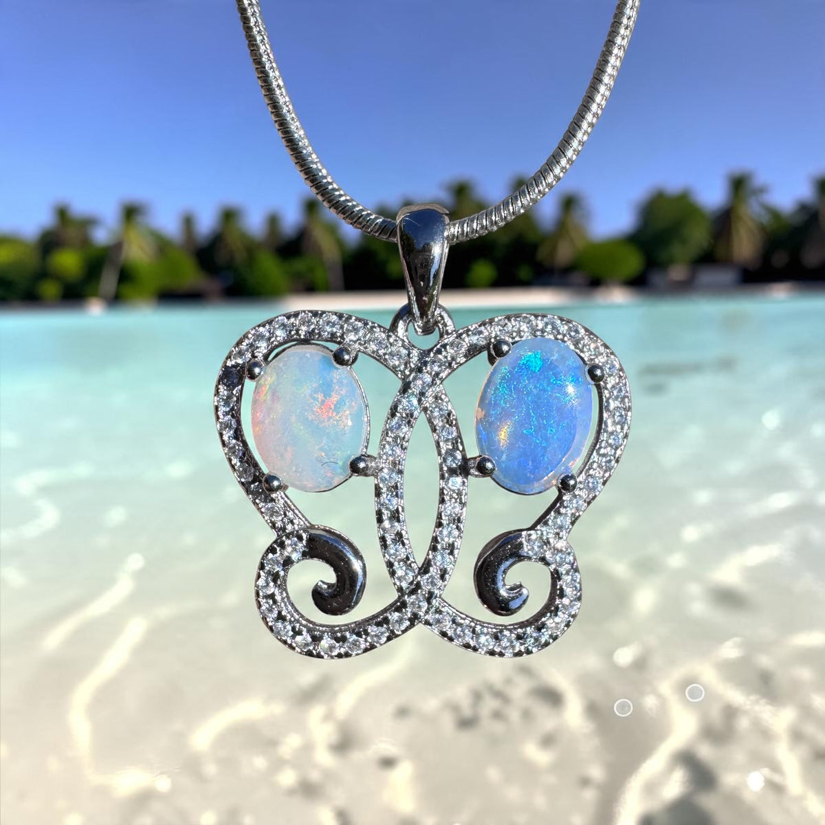 1.6ct Coober Pedy & Lightning Ridge Opal & Cubic Zirconia Butterfly Pendant Necklace ~ 'Mount Glorious Wings' | 925 Sterling Silver | Solid Australian Opal
