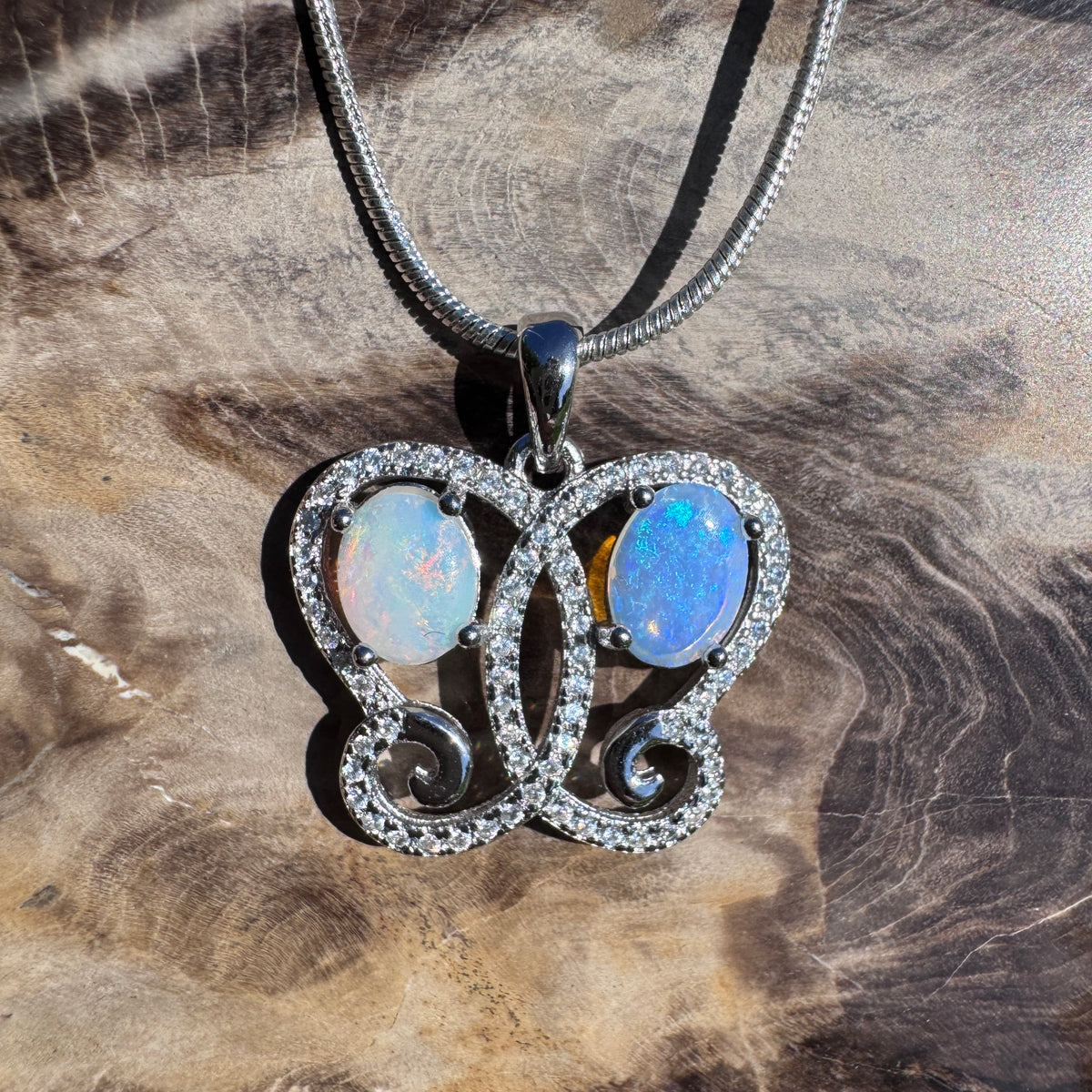 1.6ct Coober Pedy & Lightning Ridge Opal & Cubic Zirconia Butterfly Pendant Necklace ~ 'Mount Glorious Wings' | 925 Sterling Silver | Solid Australian Opal
