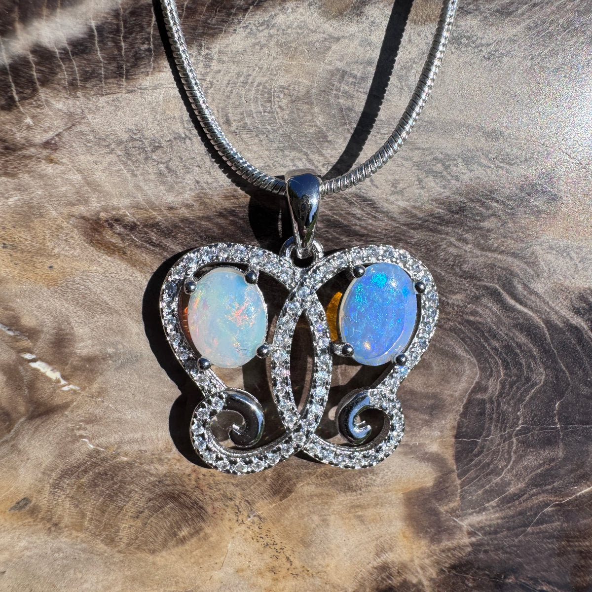 1.6ct Coober Pedy & Lightning Ridge Opal & Cubic Zirconia Butterfly Pendant Necklace ~ 'Mount Glorious Wings' | 925 Sterling Silver | Solid Australian Opal