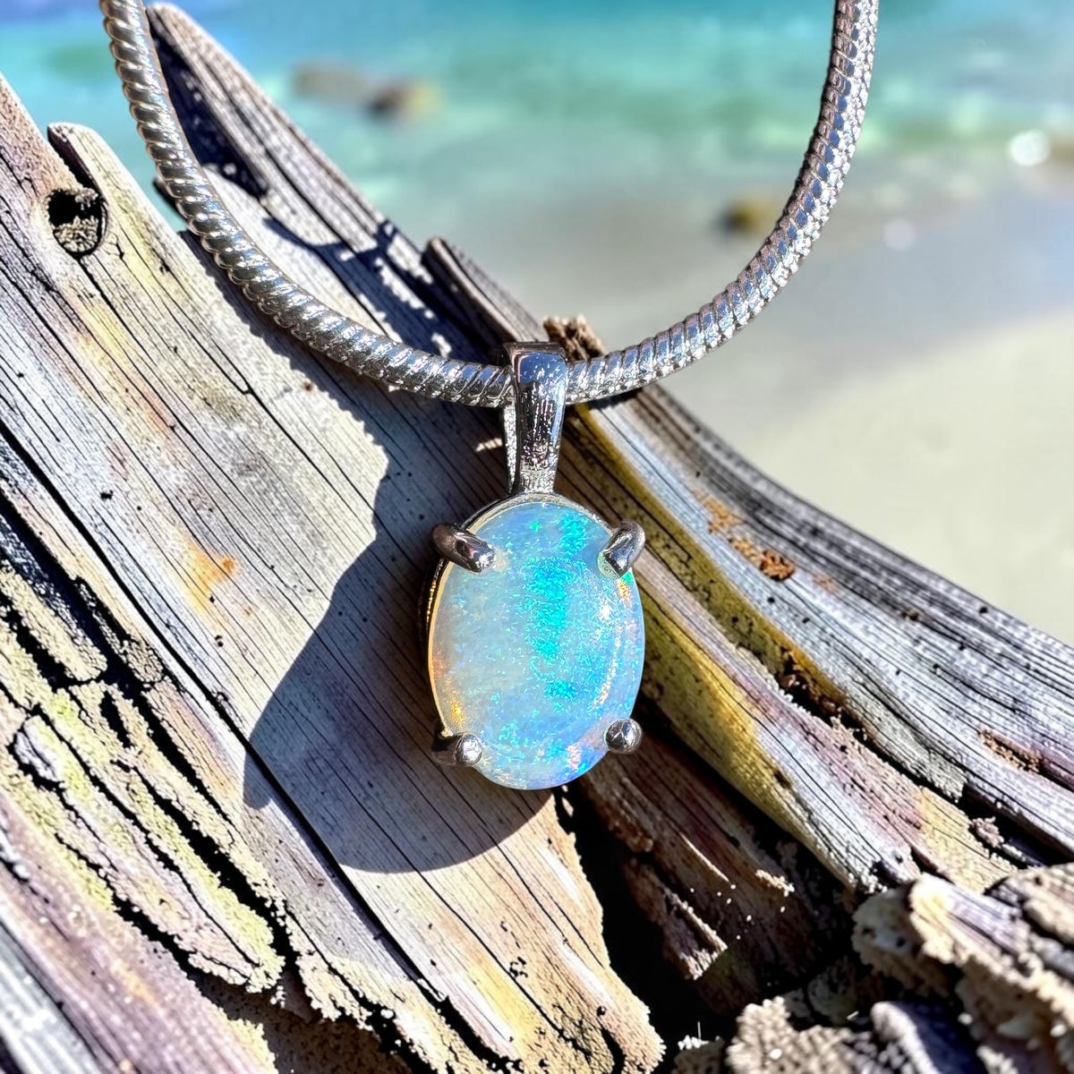 0.7ct Lightning Ridge Crystal Opal Pendant Necklace ~ 'Pebbly Beach Blues' | 925 Sterling Silver | Solid Australian Opal