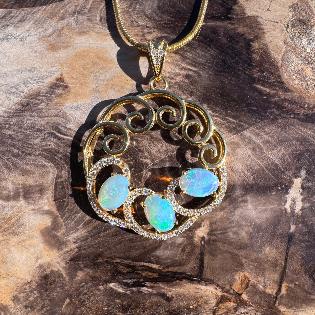 1.8ct Lightning Ridge Opal & Cubic Zirconia Trio Pendant Necklace ~ 'Hill End Trio Gold' | Yellow Gold Coated 925 Sterling Silver | Solid Australian Opal