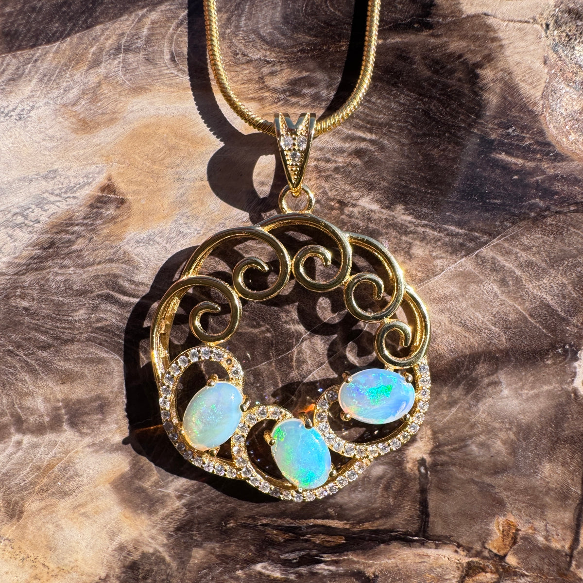 1.8ct Lightning Ridge Opal & Cubic Zirconia Trio Pendant Necklace ~ 'Hill End Trio Gold' | Yellow Gold Coated 925 Sterling Silver | Solid Australian Opal