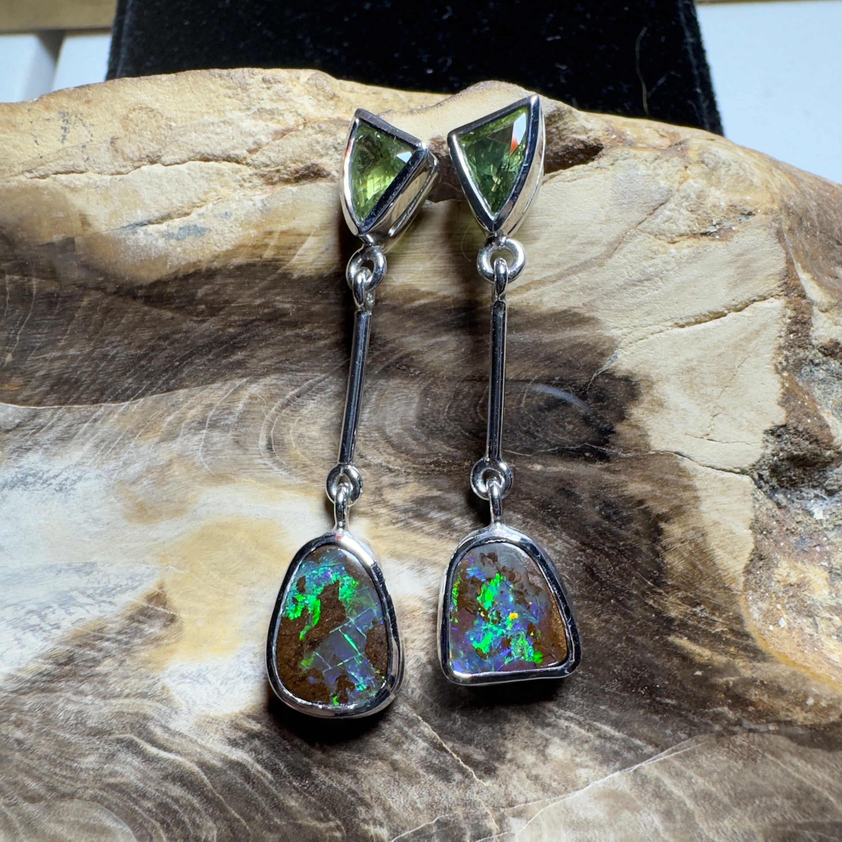 6.2ct Queensland Boulder Opal Earrings with 1.7ct Queensland Sapphire ~ 'Hamersley Horizon' | 925 Sterling Silver | Solid Australian Opal