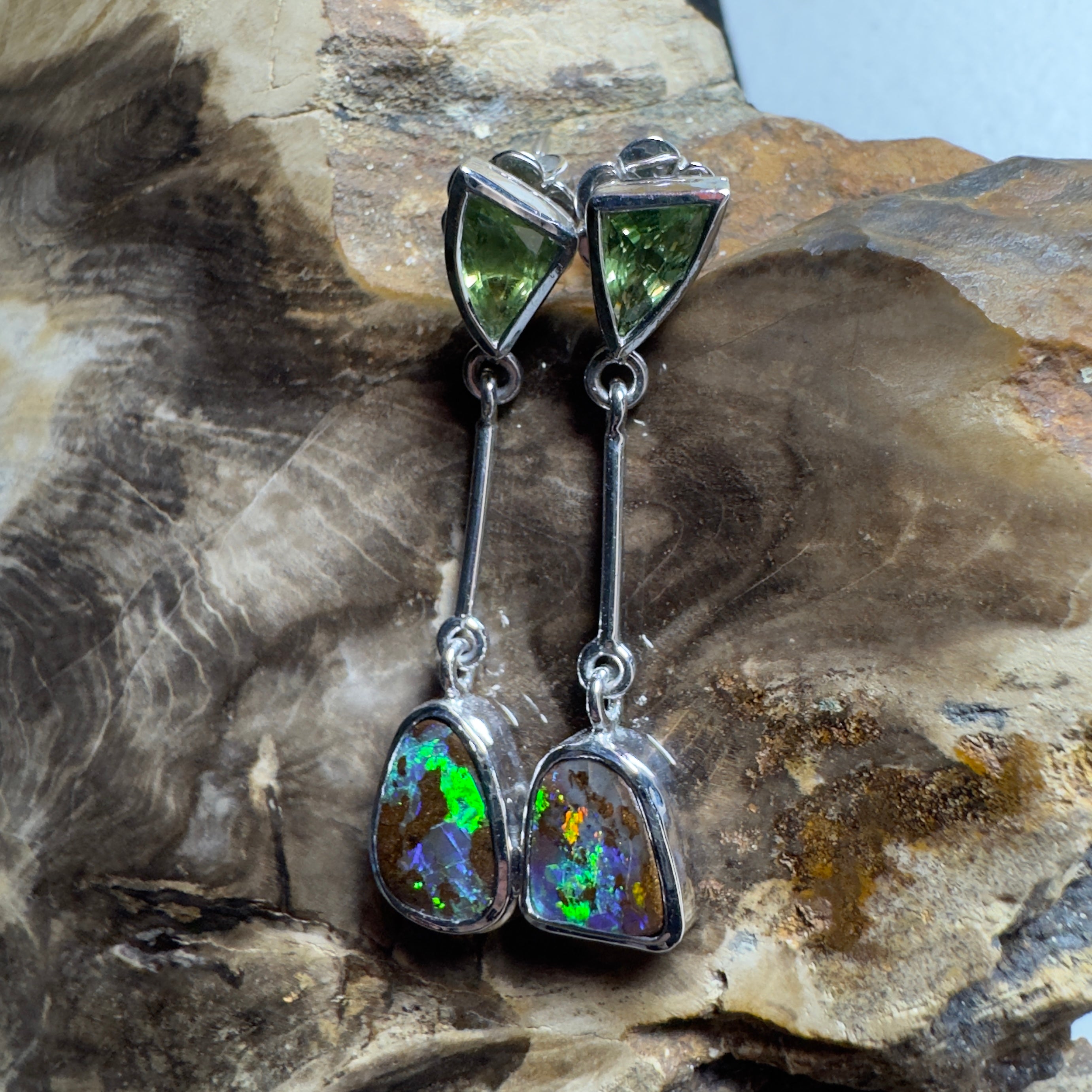 6.2ct Queensland Boulder Opal Earrings with 1.7ct Queensland Sapphire ~ 'Hamersley Horizon' | 925 Sterling Silver | Solid Australian Opal