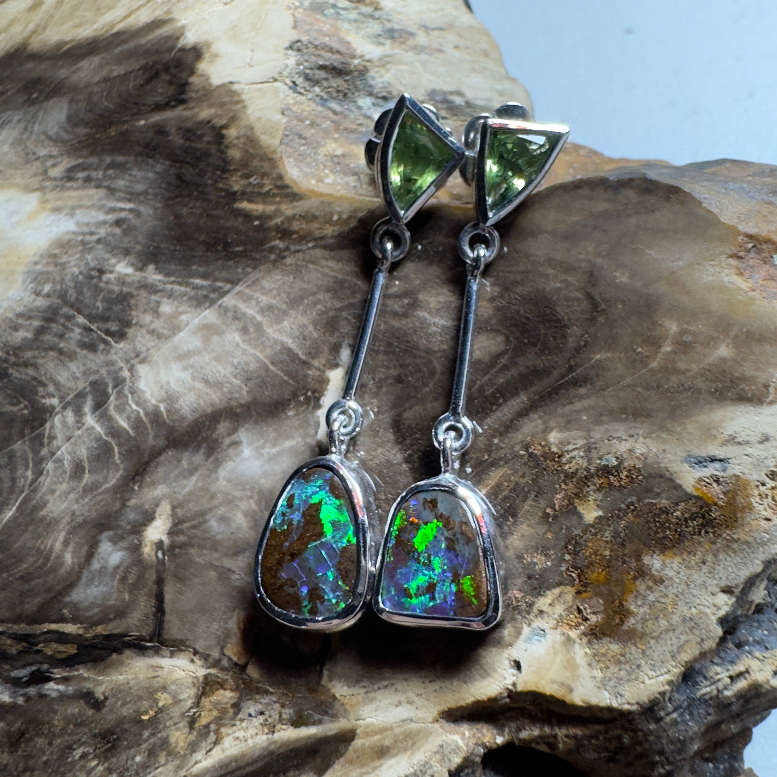 6.2ct Queensland Boulder Opal Earrings with 1.7ct Queensland Sapphire ~ 'Hamersley Horizon' | 925 Sterling Silver | Solid Australian Opal