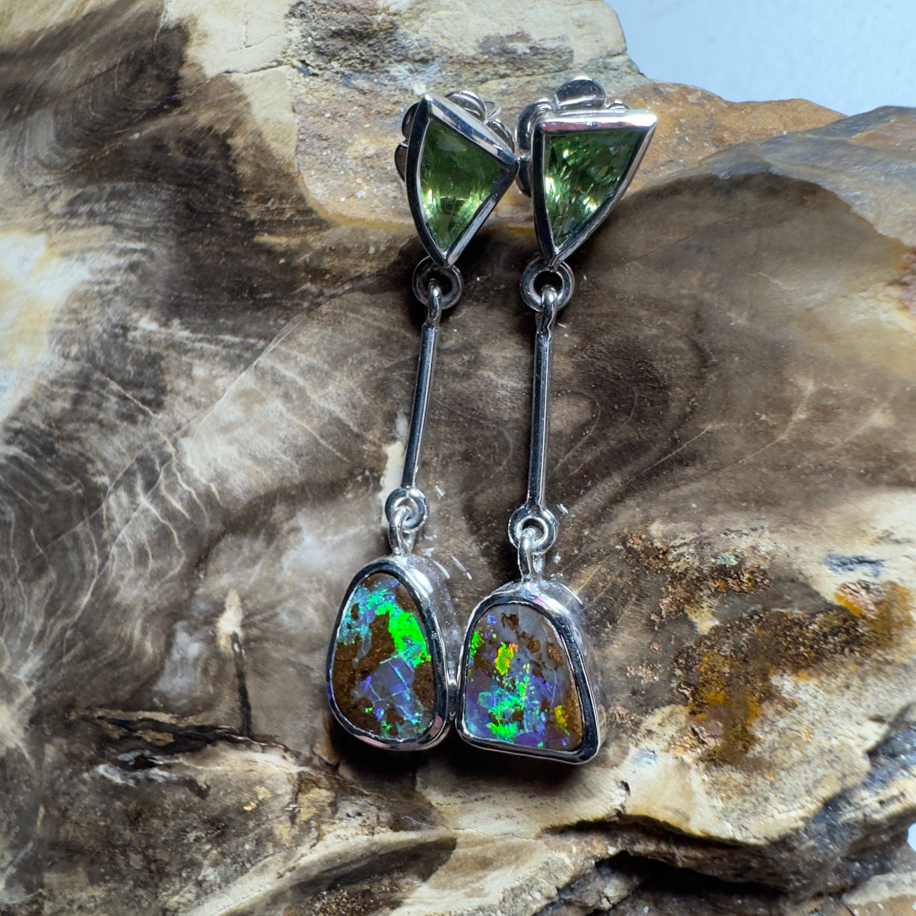 6.2ct Queensland Boulder Opal Earrings with 1.7ct Queensland Sapphire ~ 'Hamersley Horizon' | 925 Sterling Silver | Solid Australian Opal