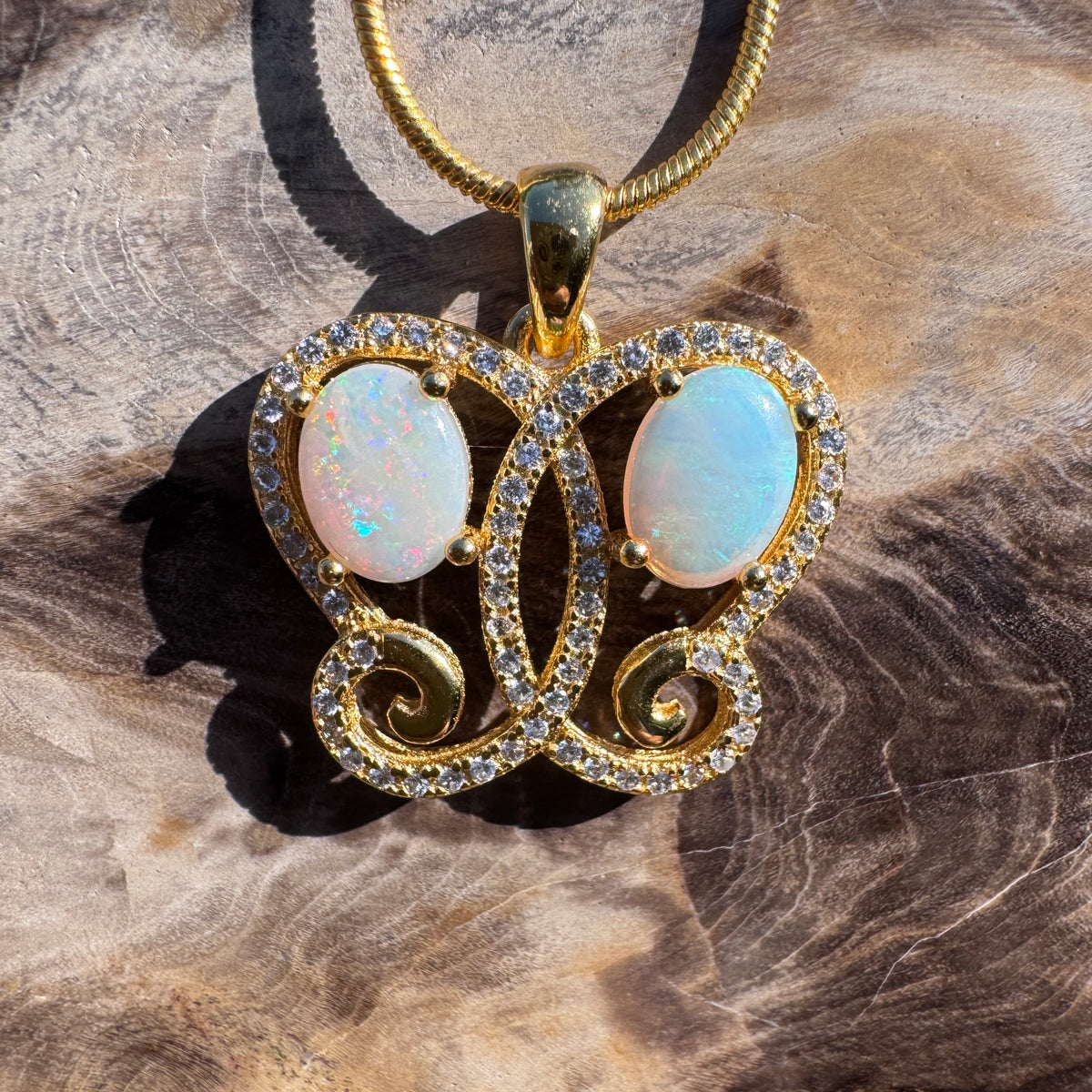 1.4ct Coober Pedy & Lightning Ridge Opal & Cubic Zirconia Butterfly Pendant Necklace ~ 'Butterfly Gorge Glow' | 925 Sterling Silver | Solid Australian Opal