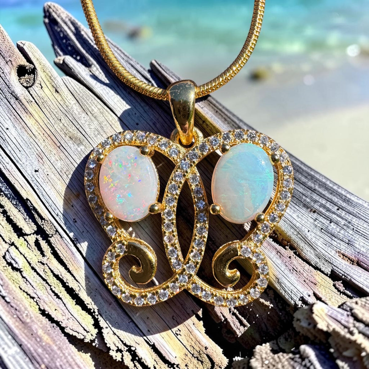 1.4ct Coober Pedy & Lightning Ridge Opal & Cubic Zirconia Butterfly Pendant Necklace ~ 'Butterfly Gorge Glow' | 925 Sterling Silver | Solid Australian Opal