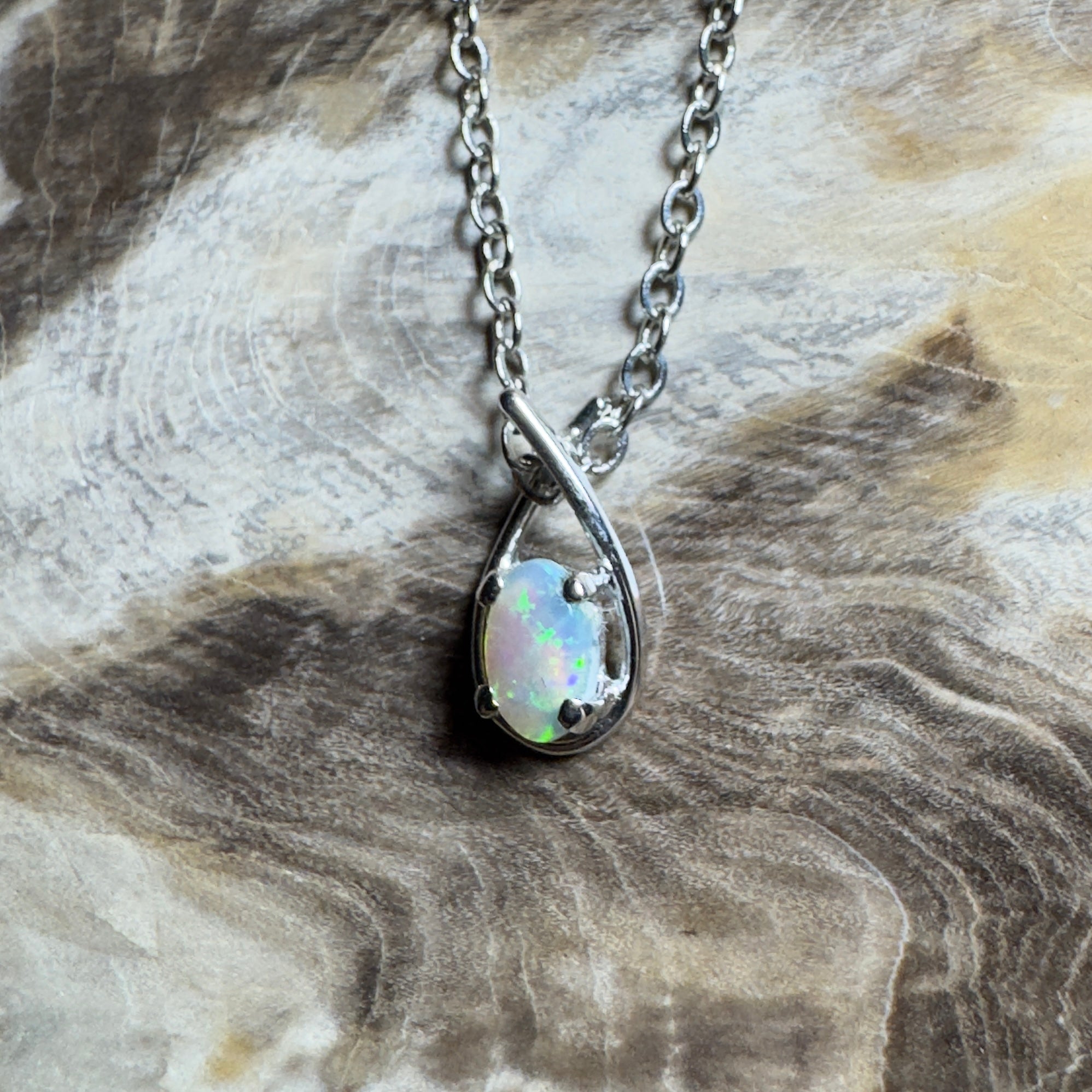 Outback Glimmer ~ 0.3ct Lightning Ridge Crystal Opal 18ct White Gold Pendant