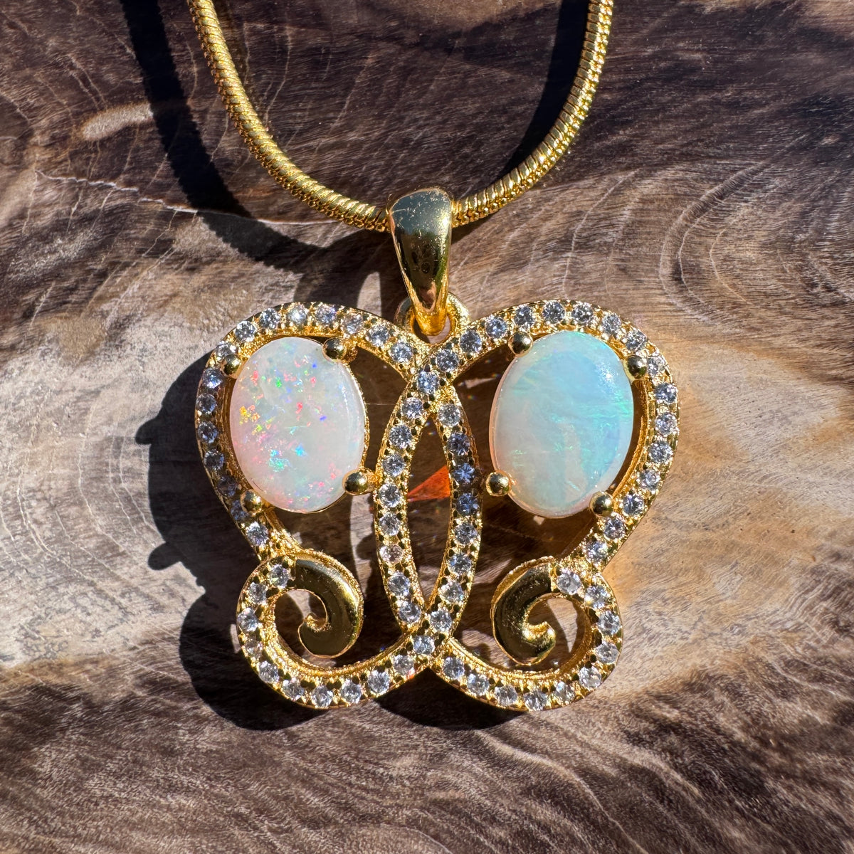 1.4ct Coober Pedy & Lightning Ridge Opal & Cubic Zirconia Butterfly Pendant Necklace ~ 'Butterfly Gorge Glow' | 925 Sterling Silver | Solid Australian Opal