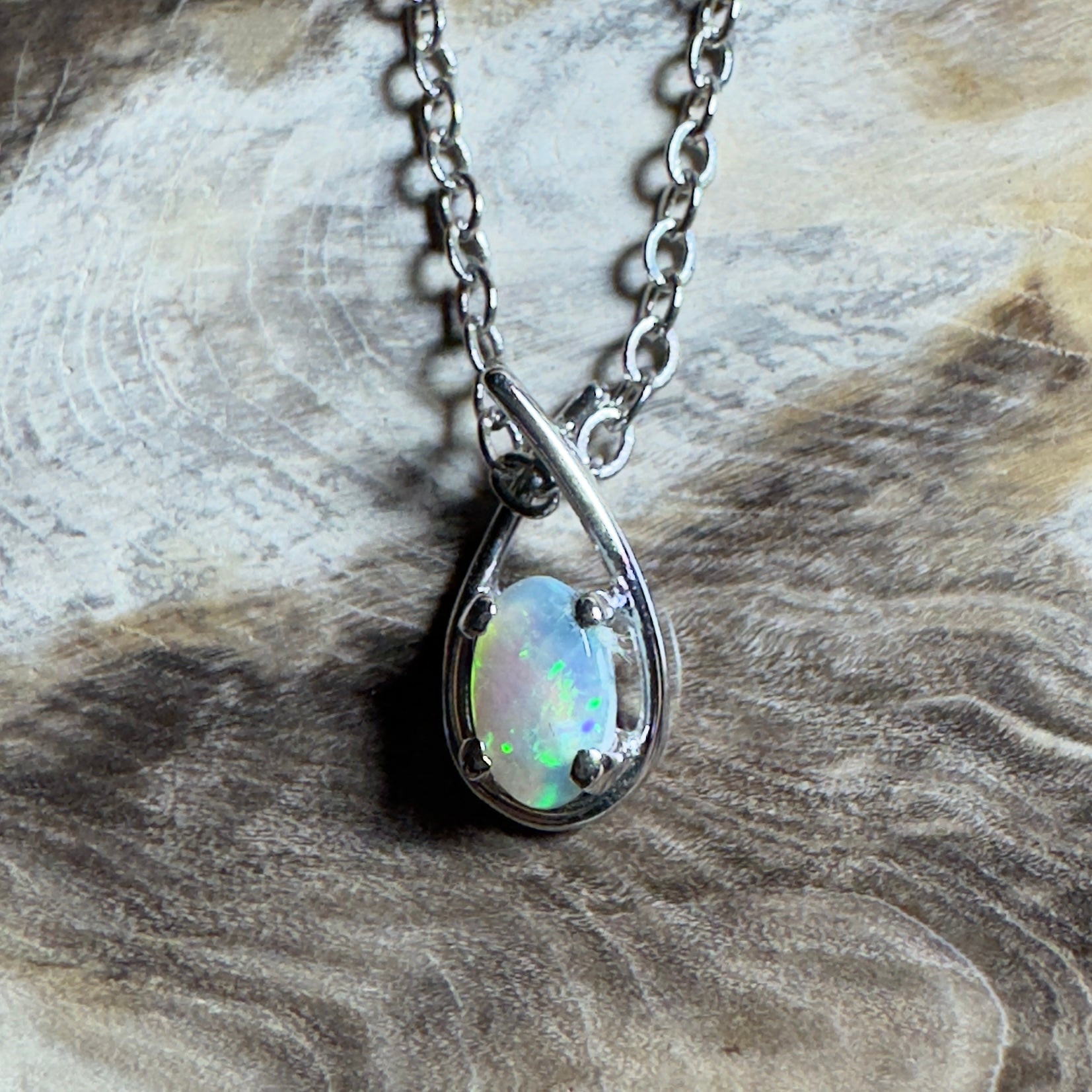 Outback Glimmer ~ 0.3ct Lightning Ridge Crystal Opal 18ct White Gold Pendant