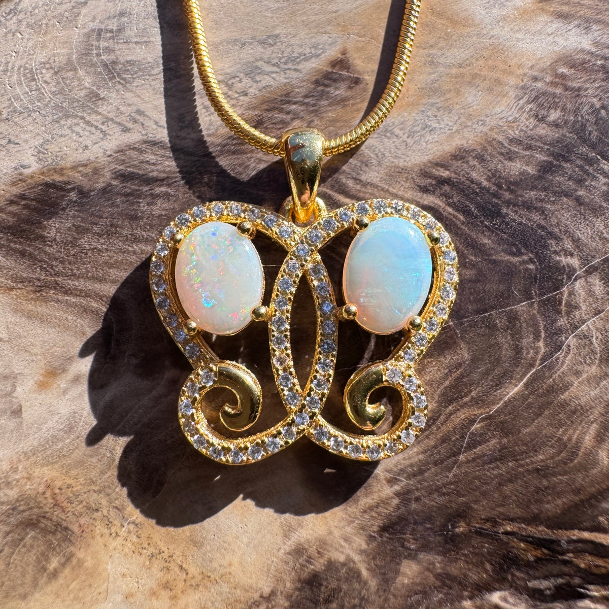 1.4ct Coober Pedy & Lightning Ridge Opal & Cubic Zirconia Butterfly Pendant Necklace ~ 'Butterfly Gorge Glow' | 925 Sterling Silver | Solid Australian Opal