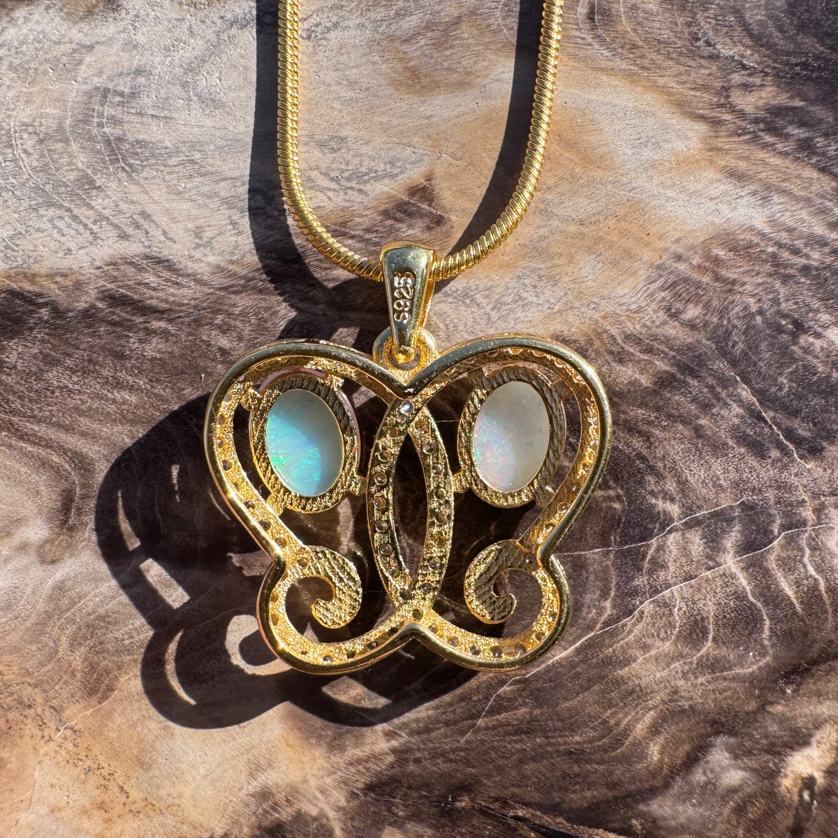 1.4ct Coober Pedy & Lightning Ridge Opal & Cubic Zirconia Butterfly Pendant Necklace ~ 'Butterfly Gorge Glow' | 925 Sterling Silver | Solid Australian Opal