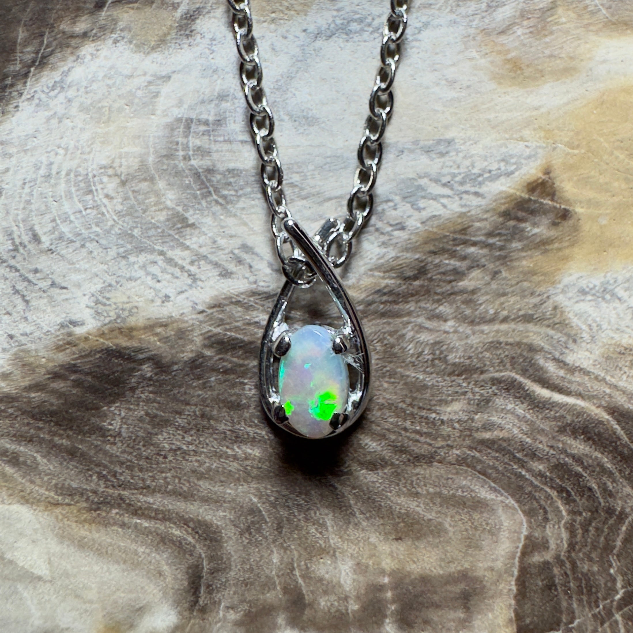 Outback Glimmer ~ 0.3ct Lightning Ridge Crystal Opal 18ct White Gold Pendant