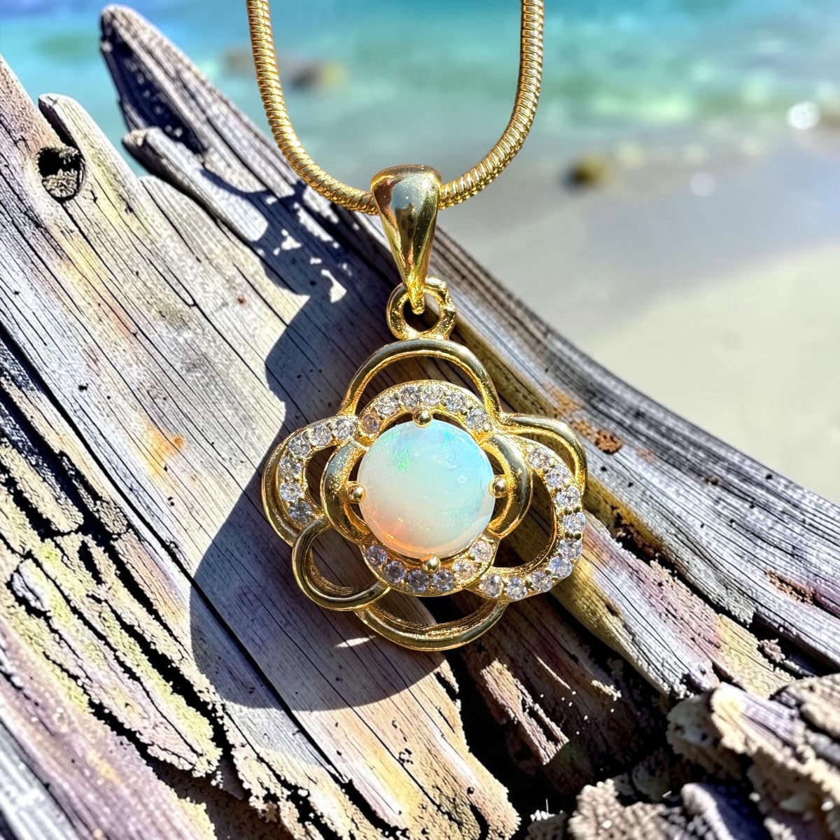 0.7ct Coober Pedy Opal & Cubic Zirconia Pendant Necklace ~ 'Castlemaine Gold' | Yellow Gold Coated 925 Sterling Silver | Solid Australian Opal