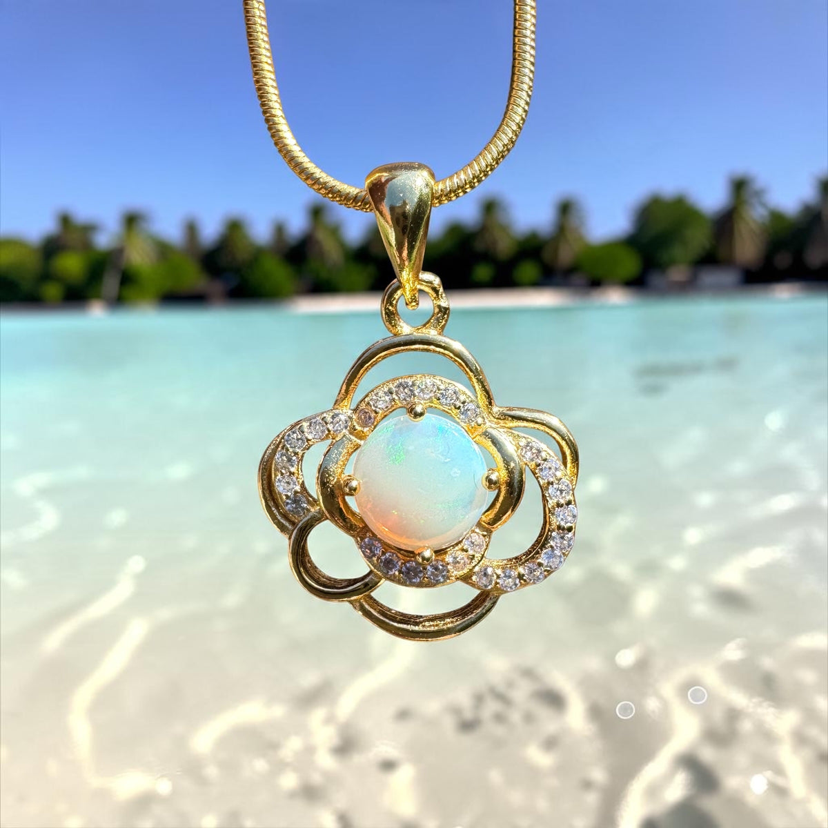 0.7ct Coober Pedy Opal & Cubic Zirconia Pendant Necklace ~ 'Castlemaine Gold' | Yellow Gold Coated 925 Sterling Silver | Solid Australian Opal