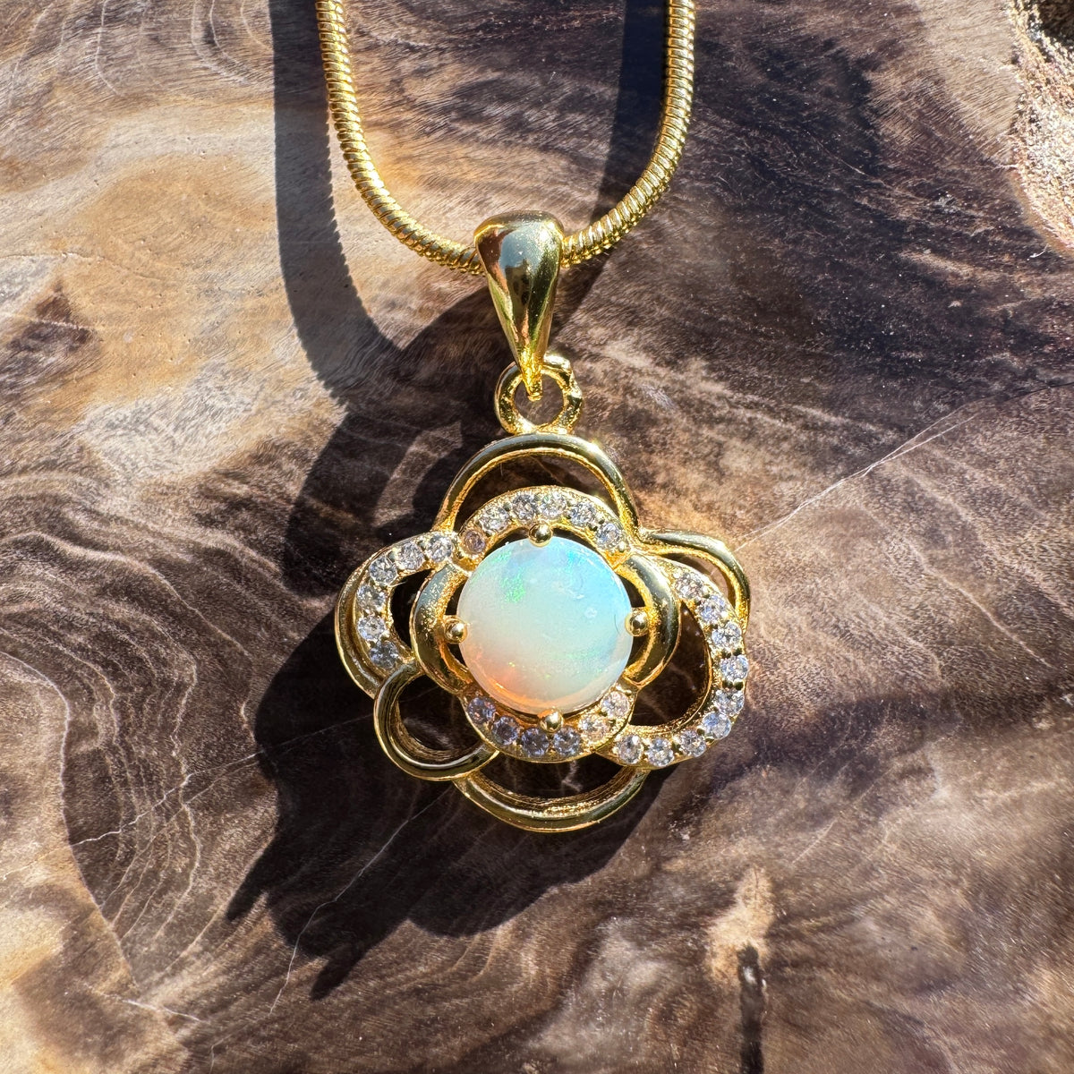 0.7ct Coober Pedy Opal & Cubic Zirconia Pendant Necklace ~ 'Castlemaine Gold' | Yellow Gold Coated 925 Sterling Silver | Solid Australian Opal