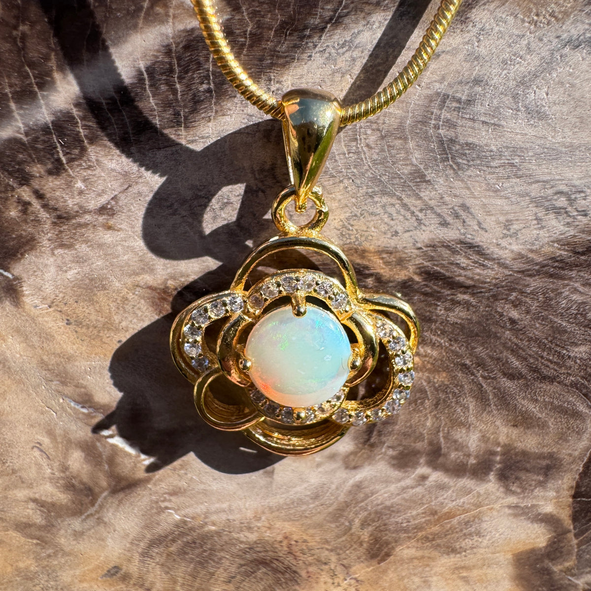 0.7ct Coober Pedy Opal & Cubic Zirconia Pendant Necklace ~ 'Castlemaine Gold' | Yellow Gold Coated 925 Sterling Silver | Solid Australian Opal