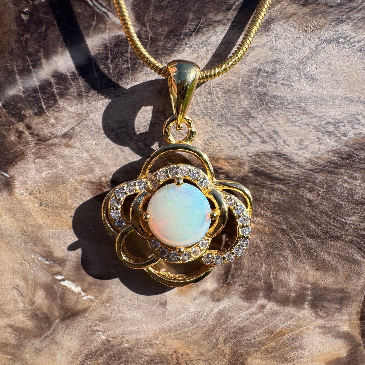 0.7ct Coober Pedy Opal & Cubic Zirconia Pendant Necklace ~ 'Castlemaine Gold' | Yellow Gold Coated 925 Sterling Silver | Solid Australian Opal