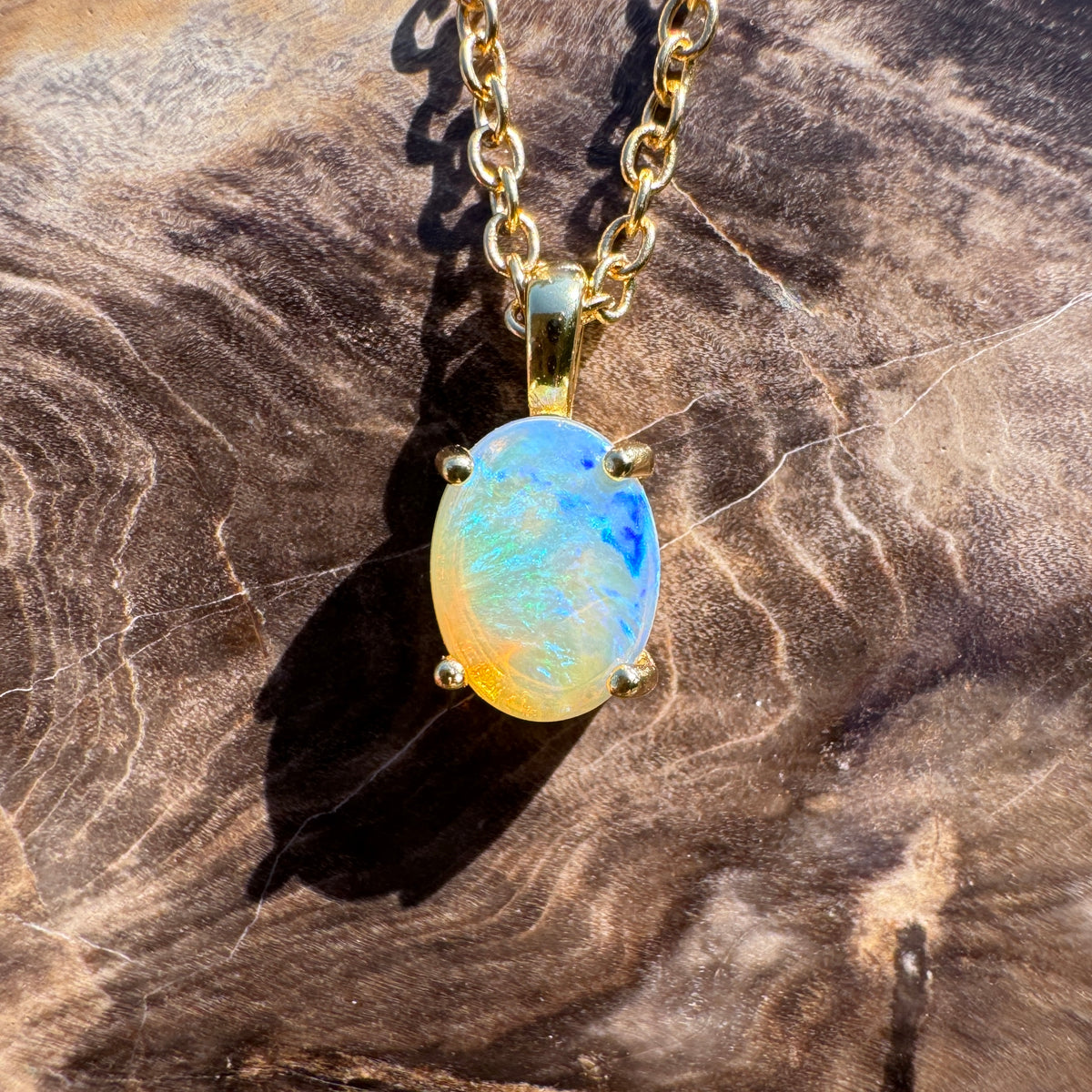 0.7ct Coober Pedy CrystalOpal Pendant Necklace ~ 'Bendigo Gold' | Yellow Gold Coated 925 Sterling Silver | Solid Australian Opal