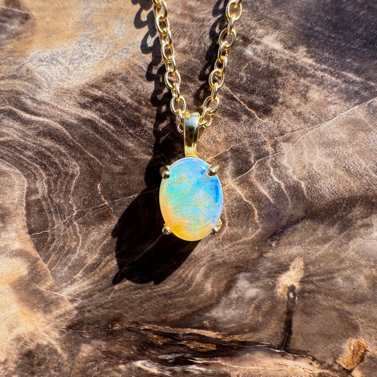 0.7ct Coober Pedy CrystalOpal Pendant Necklace ~ 'Bendigo Gold' | Yellow Gold Coated 925 Sterling Silver | Solid Australian Opal