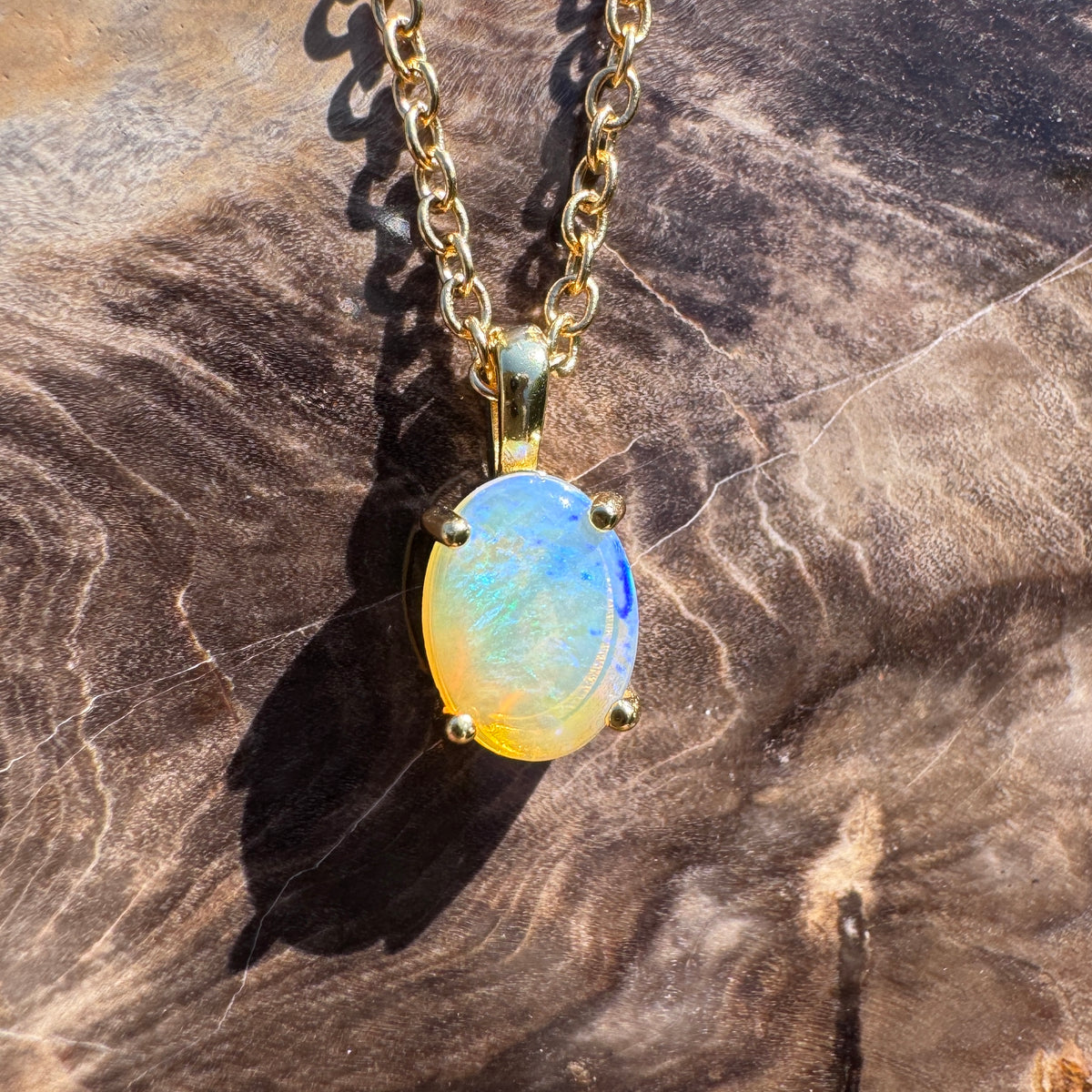 0.7ct Coober Pedy CrystalOpal Pendant Necklace ~ 'Bendigo Gold' | Yellow Gold Coated 925 Sterling Silver | Solid Australian Opal
