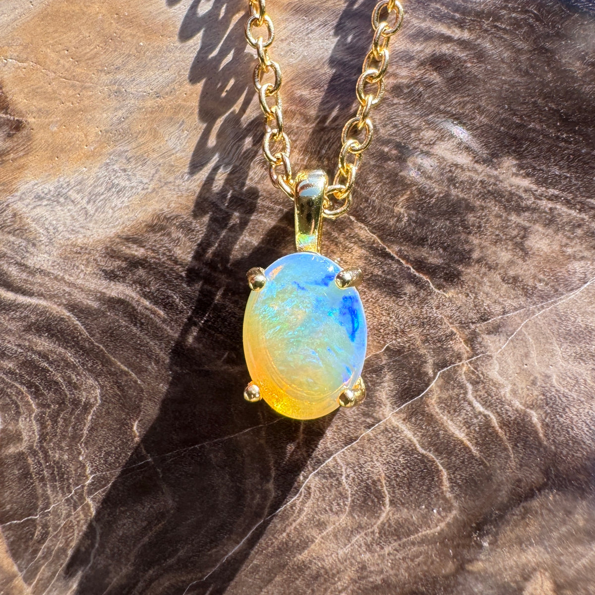 0.7ct Coober Pedy CrystalOpal Pendant Necklace ~ 'Bendigo Gold' | Yellow Gold Coated 925 Sterling Silver | Solid Australian Opal