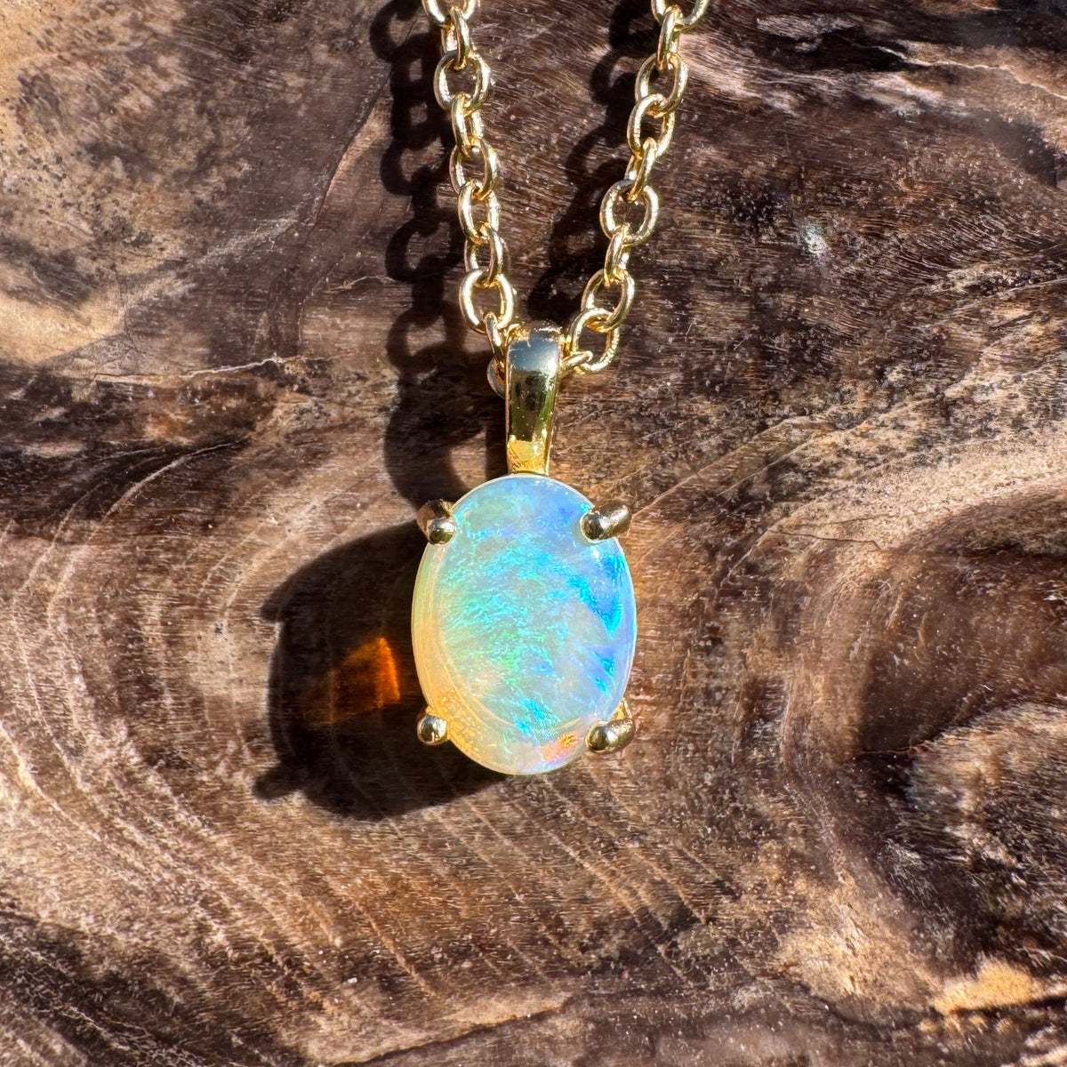 0.7ct Coober Pedy CrystalOpal Pendant Necklace ~ 'Bendigo Gold' | Yellow Gold Coated 925 Sterling Silver | Solid Australian Opal