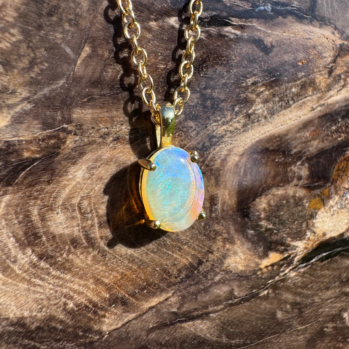 0.7ct Coober Pedy CrystalOpal Pendant Necklace ~ 'Bendigo Gold' | Yellow Gold Coated 925 Sterling Silver | Solid Australian Opal