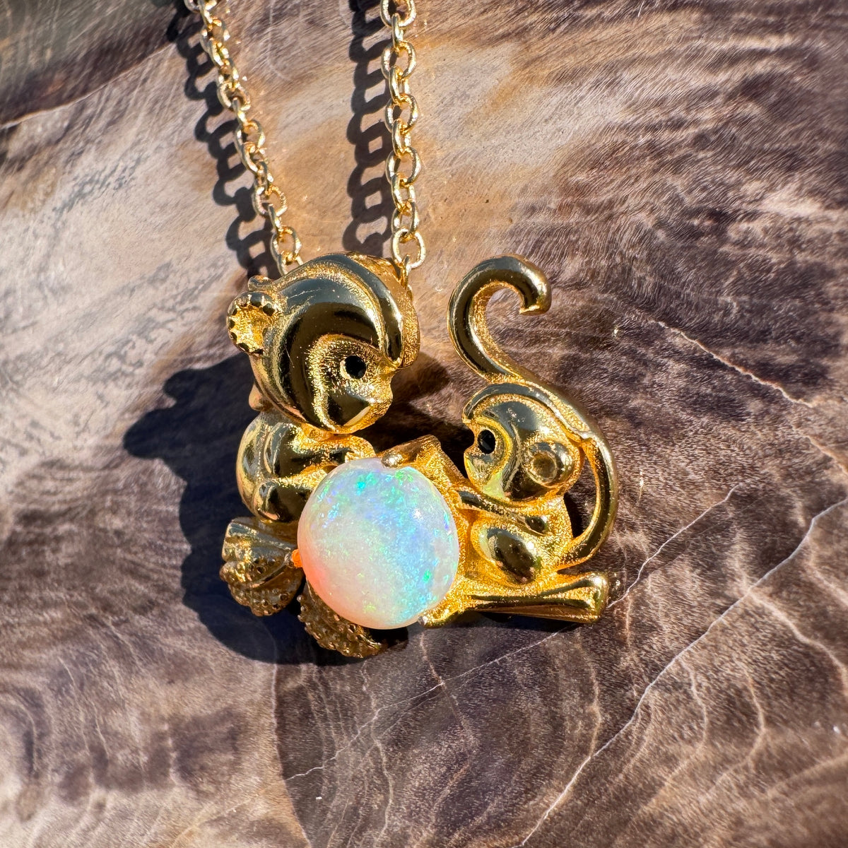 0.7ct Coober Pedy Opal Monkey Pendant Necklace ~ 'Taronga Gold' | Yellow Gold Coated 925 Sterling Silver | Solid Australian Opal