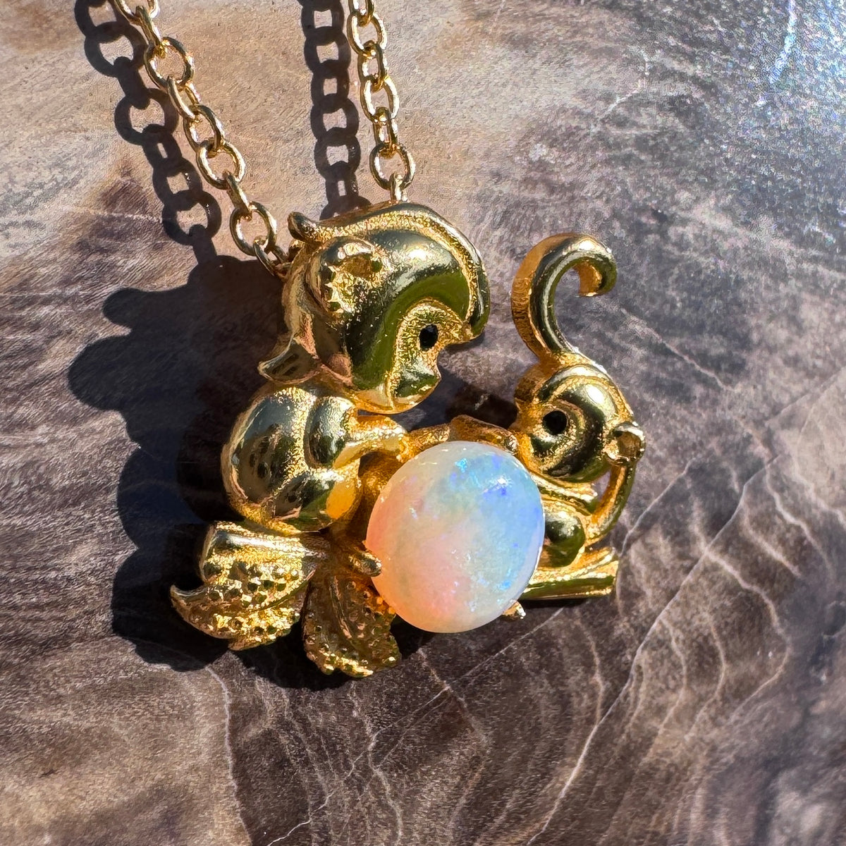 0.7ct Coober Pedy Opal Monkey Pendant Necklace ~ 'Taronga Gold' | Yellow Gold Coated 925 Sterling Silver | Solid Australian Opal