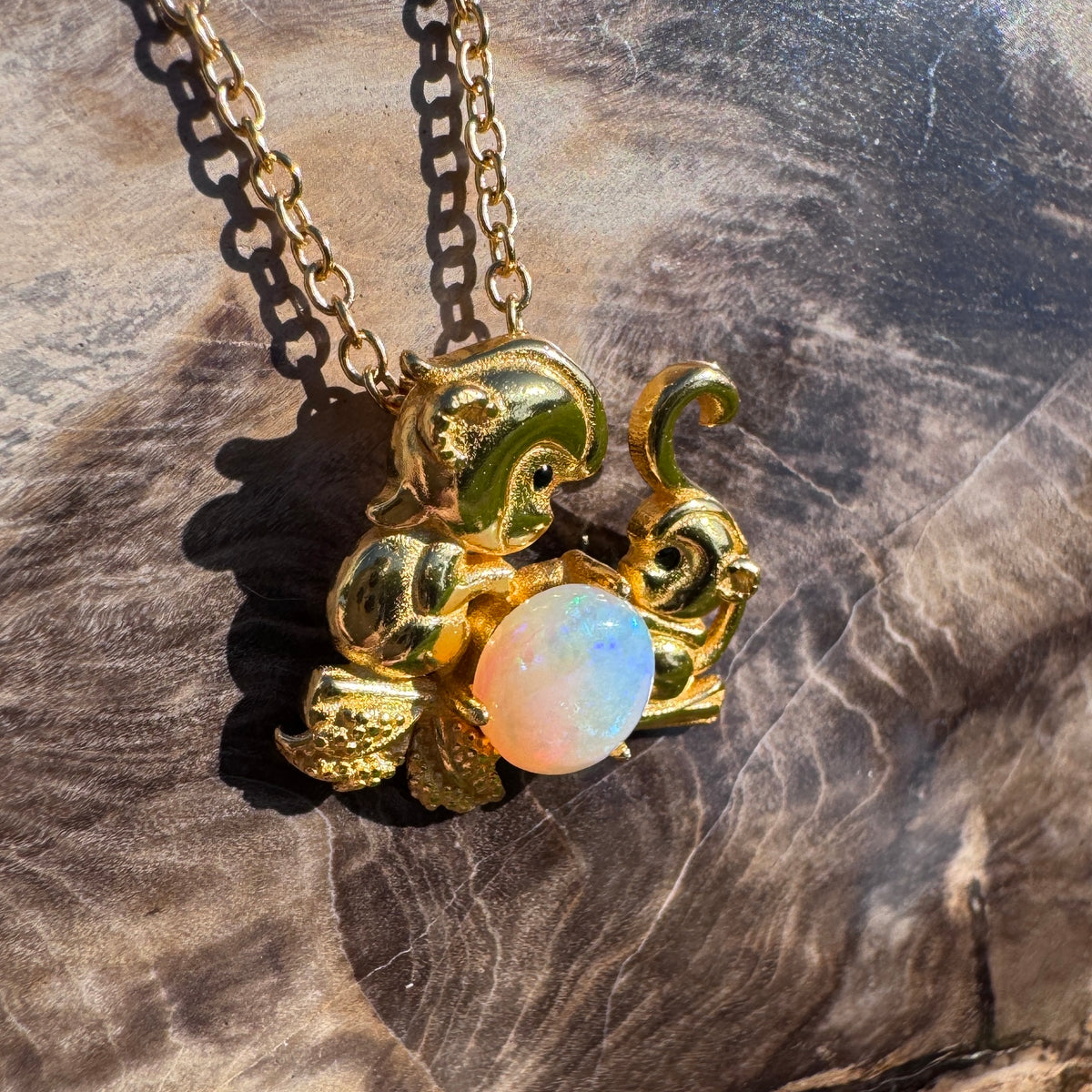 0.7ct Coober Pedy Opal Monkey Pendant Necklace ~ 'Taronga Gold' | Yellow Gold Coated 925 Sterling Silver | Solid Australian Opal