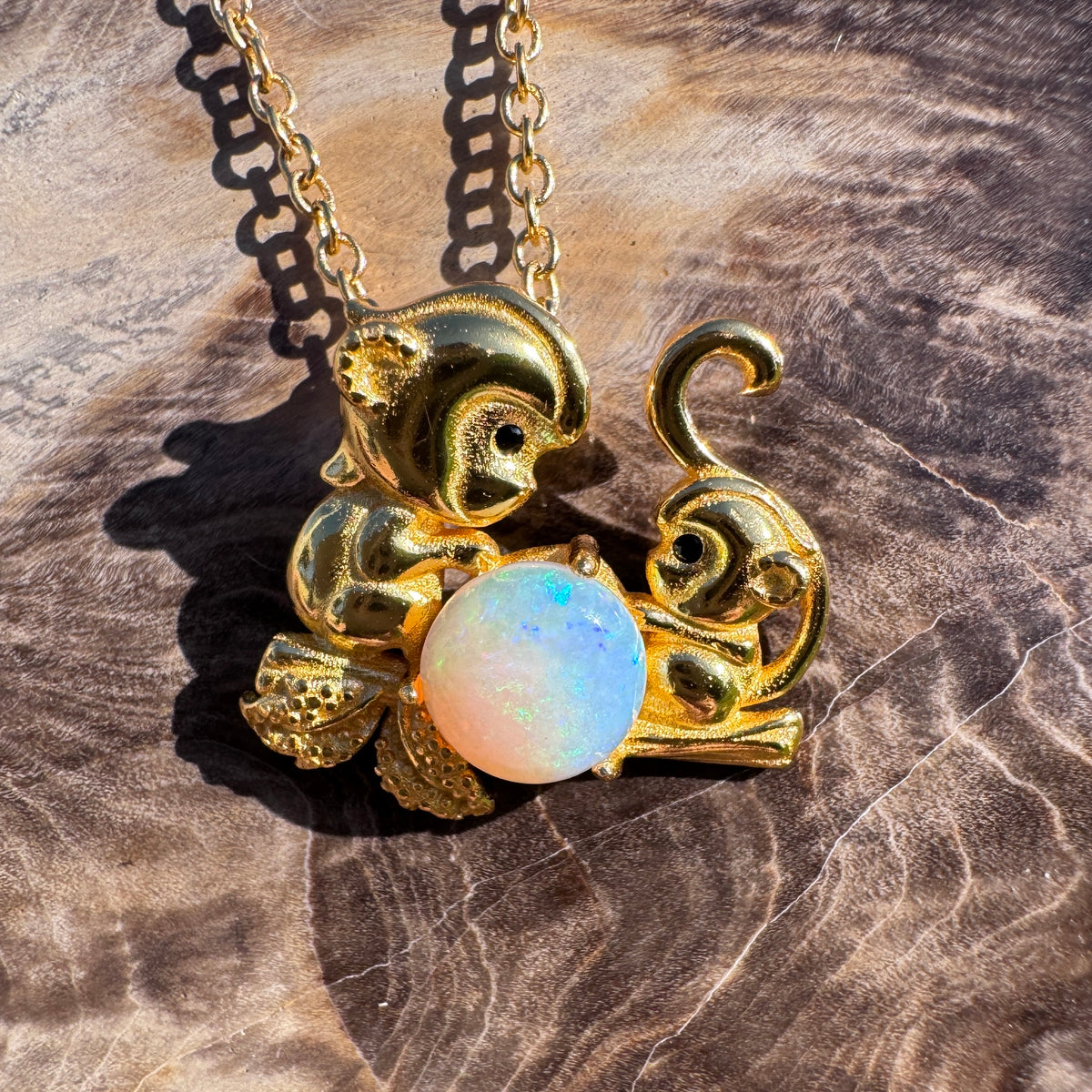 0.7ct Coober Pedy Opal Monkey Pendant Necklace ~ 'Taronga Gold' | Yellow Gold Coated 925 Sterling Silver | Solid Australian Opal