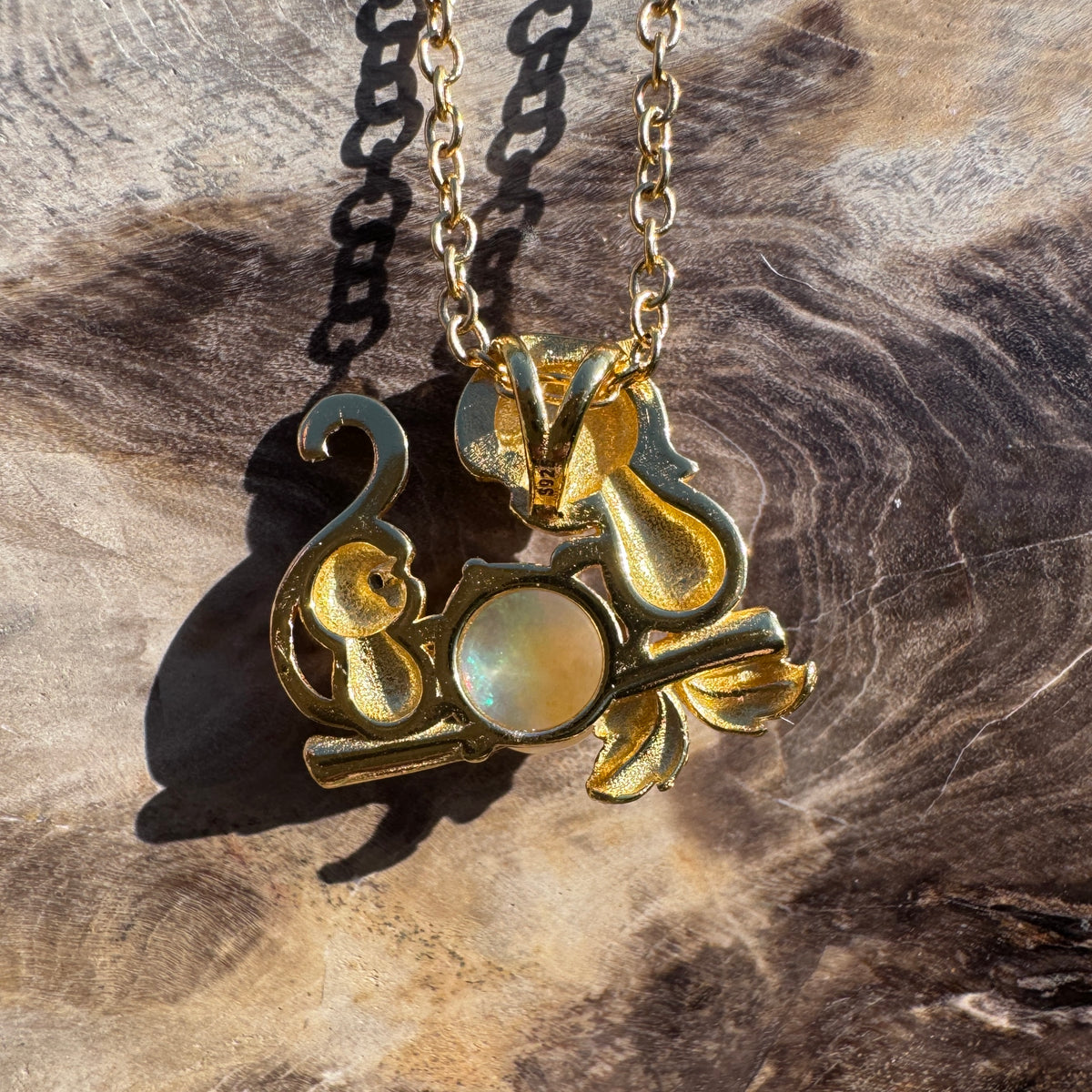 0.7ct Coober Pedy Opal Monkey Pendant Necklace ~ 'Taronga Gold' | Yellow Gold Coated 925 Sterling Silver | Solid Australian Opal