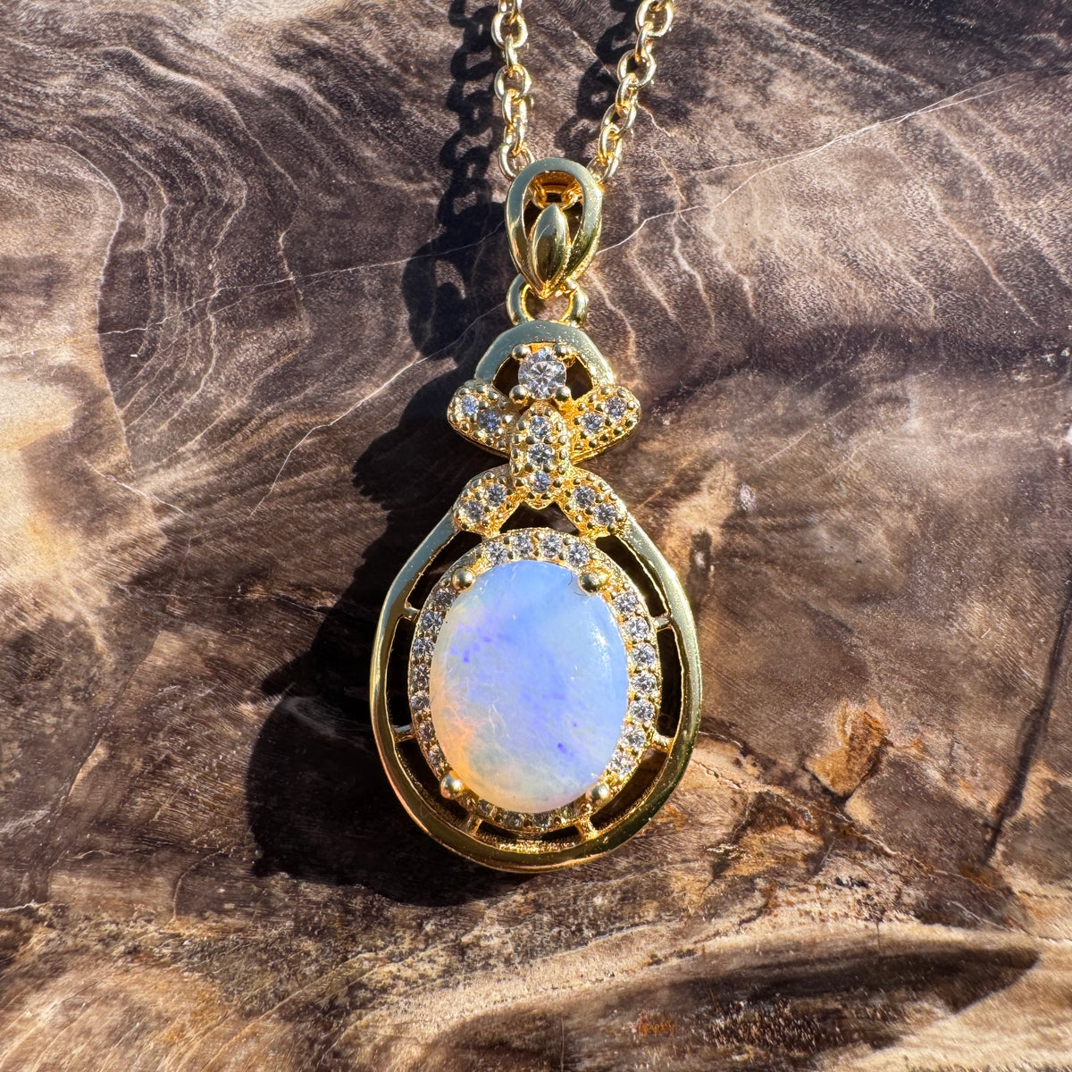 1.2ct Lightning Ridge Crystal Opal & Cubic Zirconia Pendant Necklace ~ 'Norseman Gold' | Yellow Gold Coated 925 Sterling Silver | Solid Australian Opal
