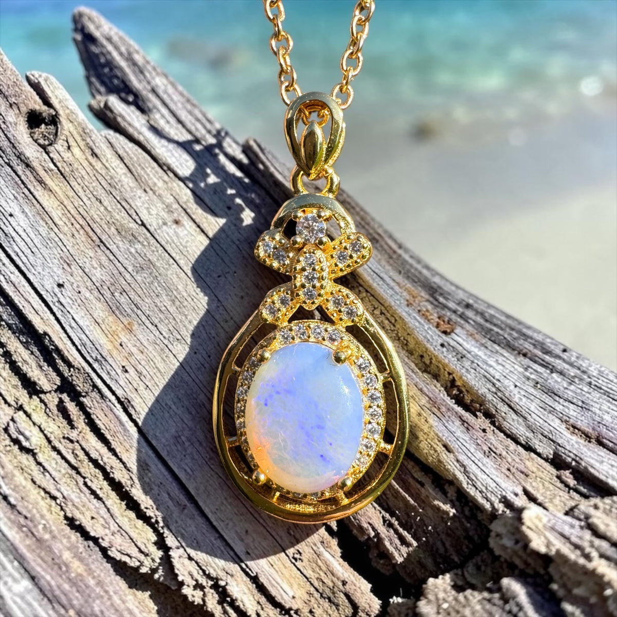 1.2ct Lightning Ridge Crystal Opal & Cubic Zirconia Pendant Necklace ~ 'Norseman Gold' | Yellow Gold Coated 925 Sterling Silver | Solid Australian Opal