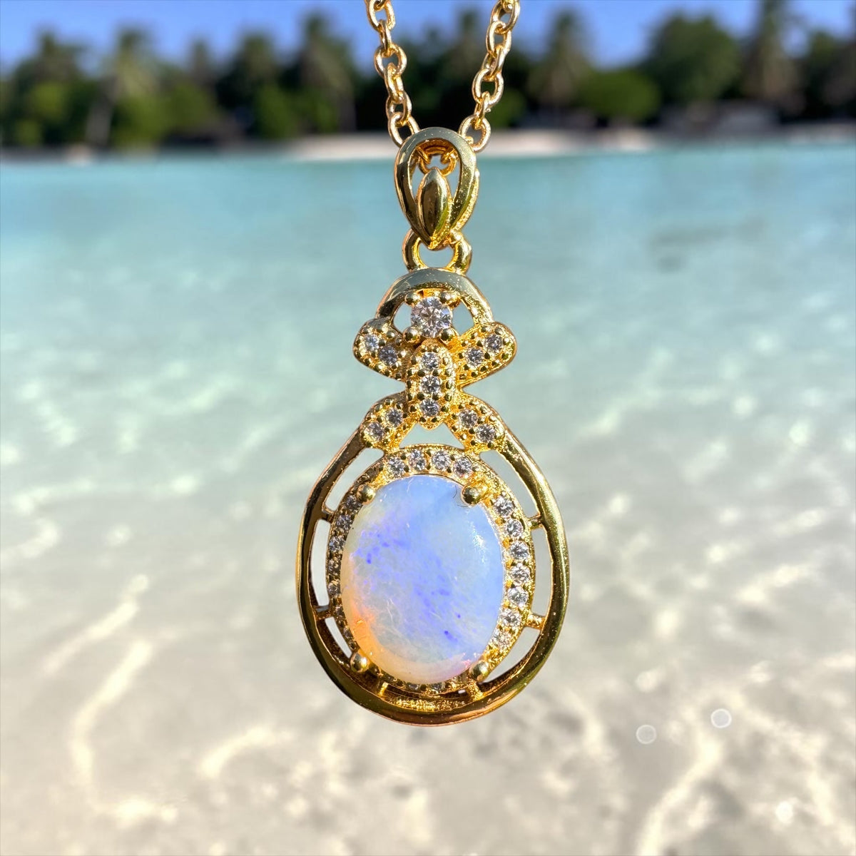 1.2ct Lightning Ridge Crystal Opal & Cubic Zirconia Pendant Necklace ~ 'Norseman Gold' | Yellow Gold Coated 925 Sterling Silver | Solid Australian Opal
