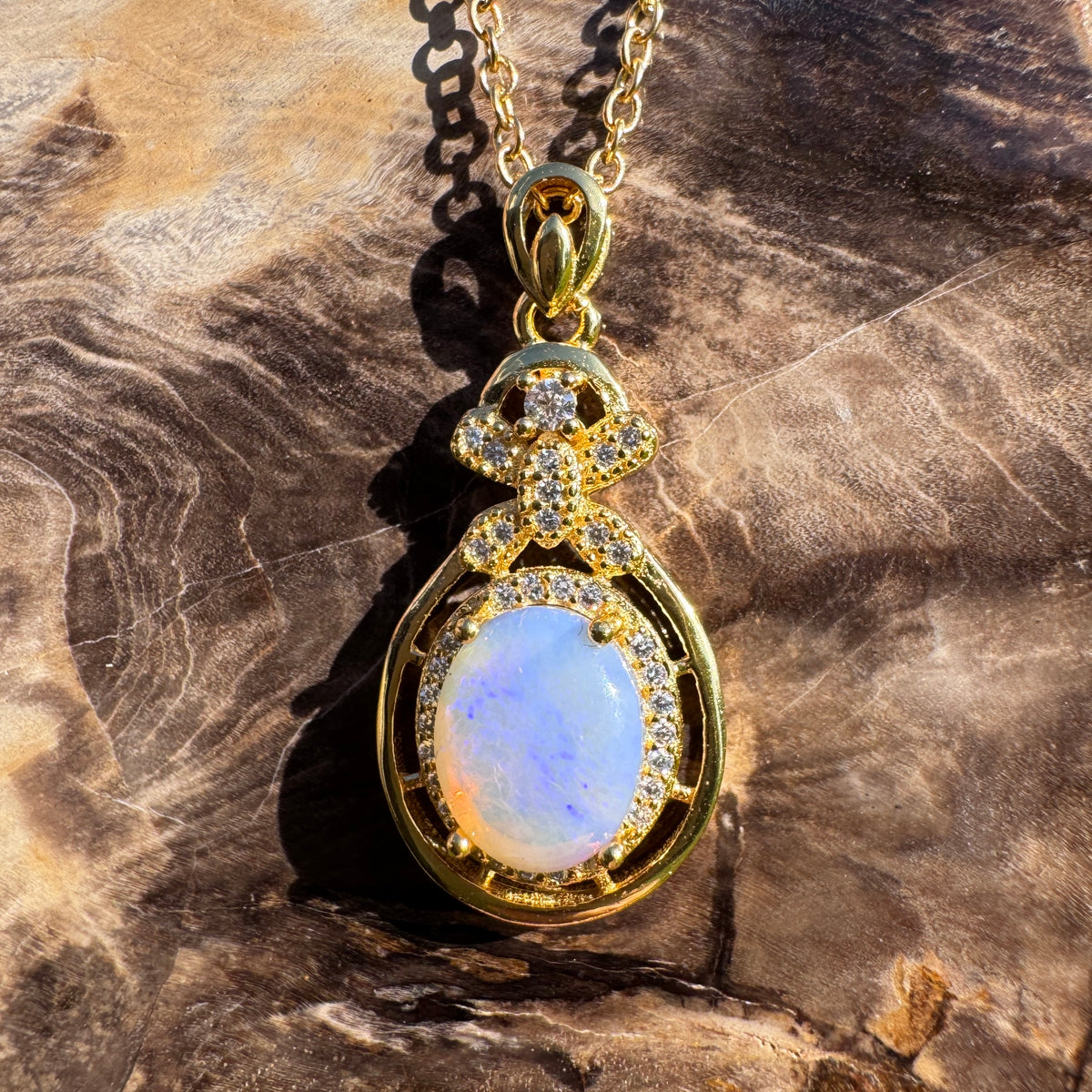 1.2ct Lightning Ridge Crystal Opal & Cubic Zirconia Pendant Necklace ~ 'Norseman Gold' | Yellow Gold Coated 925 Sterling Silver | Solid Australian Opal