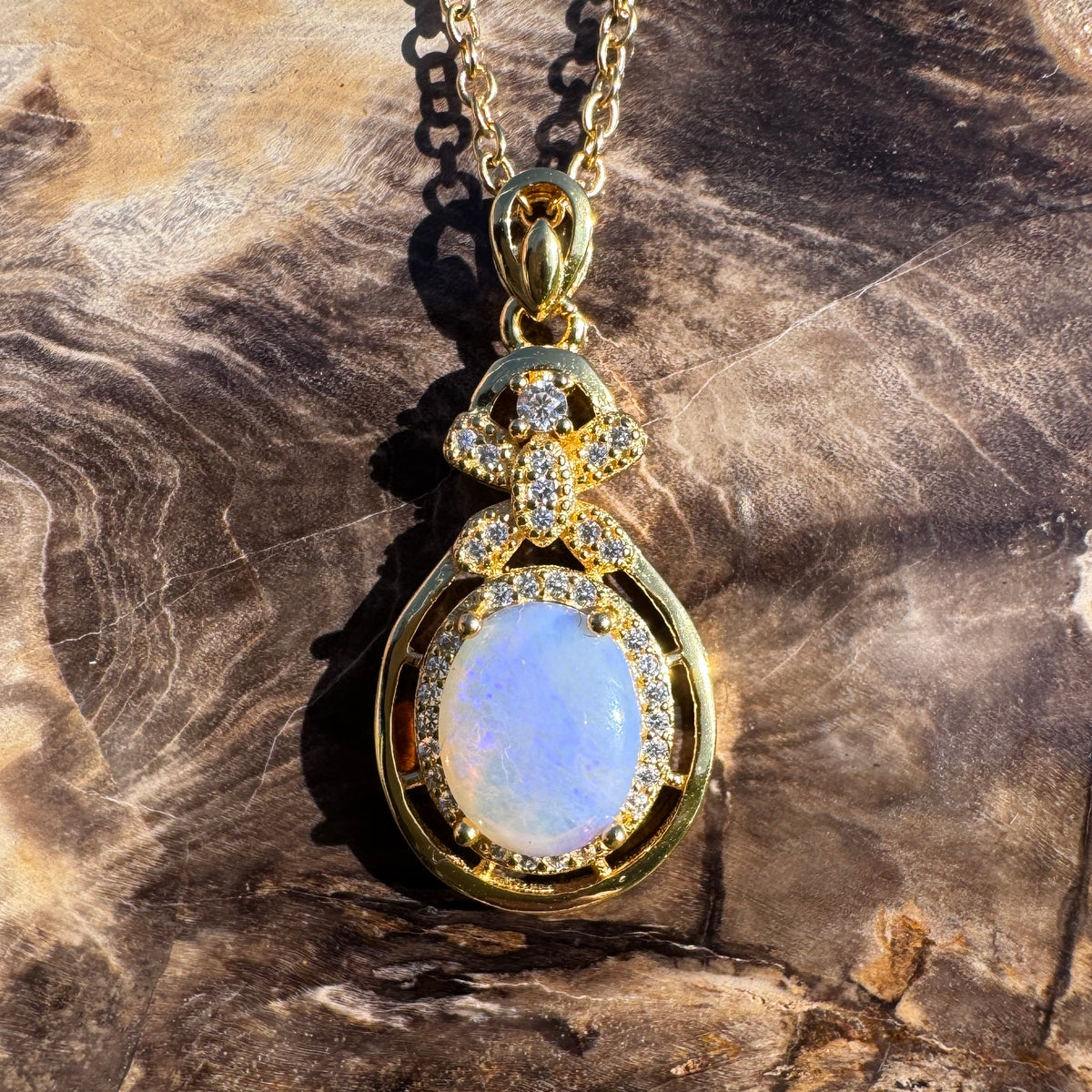 1.2ct Lightning Ridge Crystal Opal & Cubic Zirconia Pendant Necklace ~ 'Norseman Gold' | Yellow Gold Coated 925 Sterling Silver | Solid Australian Opal