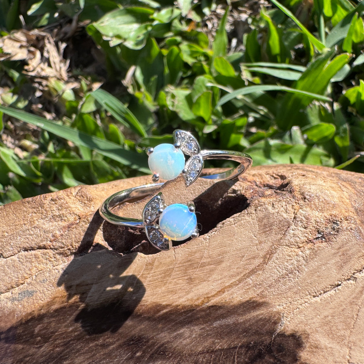 0.4ct Lightning Ridge Opal & Cubic Zirconia Ring ~ 'Tea Gardens Twins' | 925 Sterling Silver | Solid Australian Opal